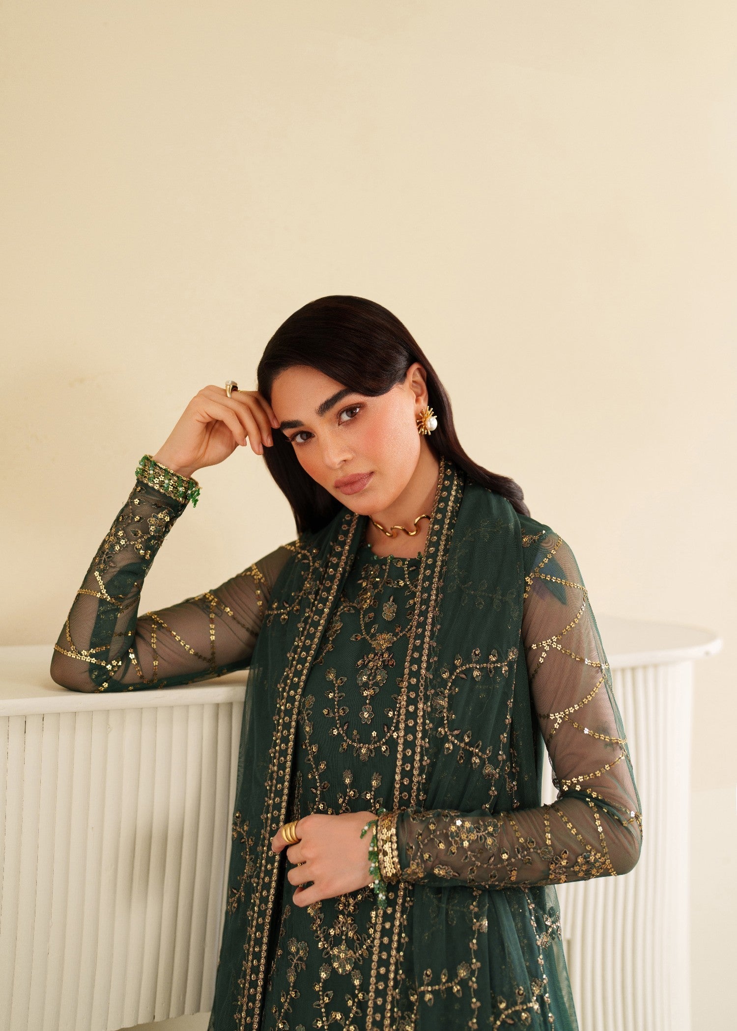 khaddi net Kurta Set in Green