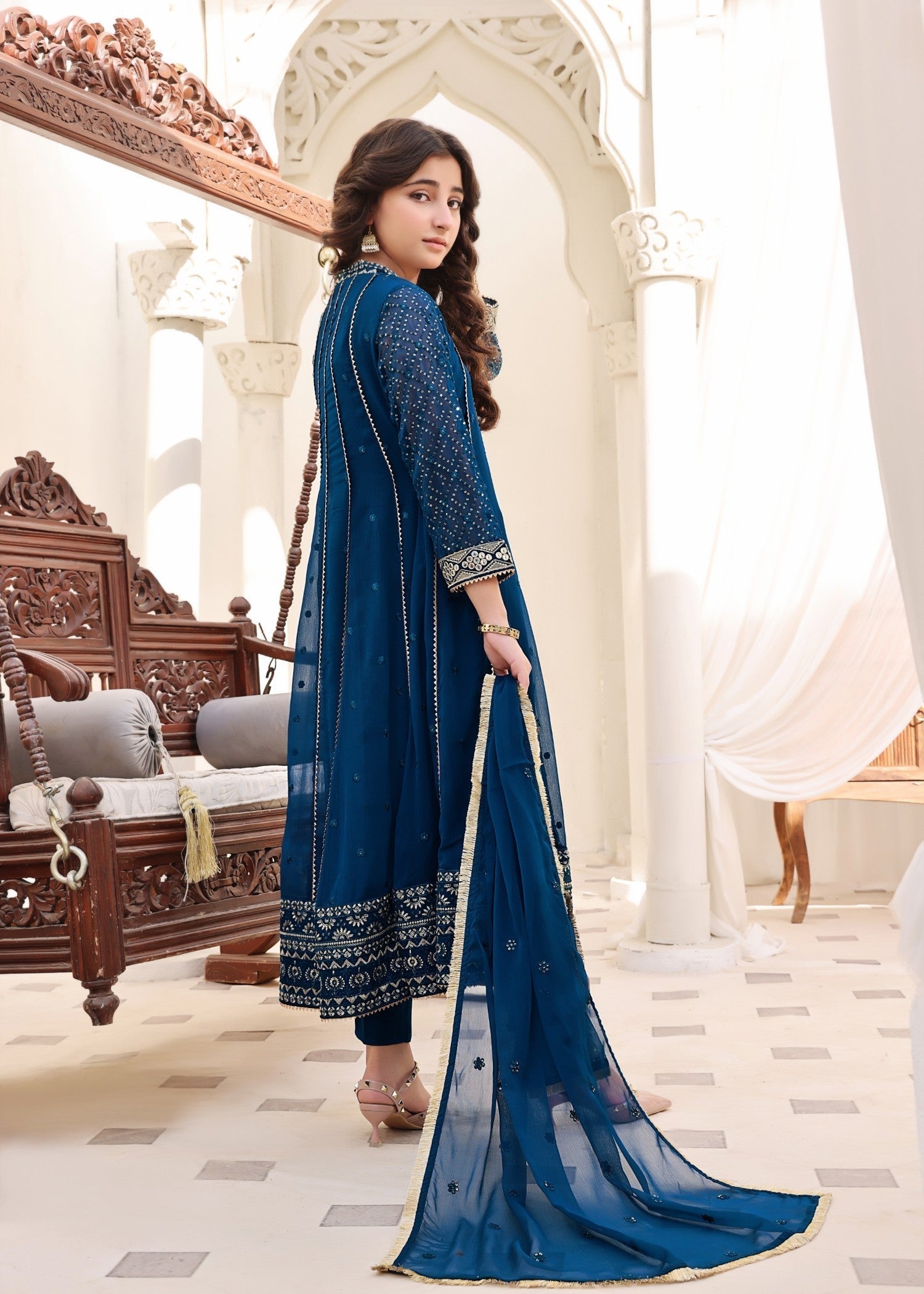 chiffon Pishwas in Teal