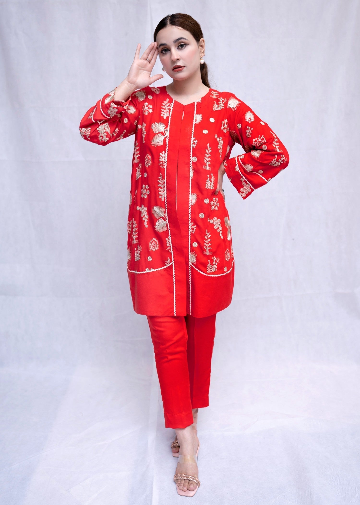 linen Kurta Set in Tomato red