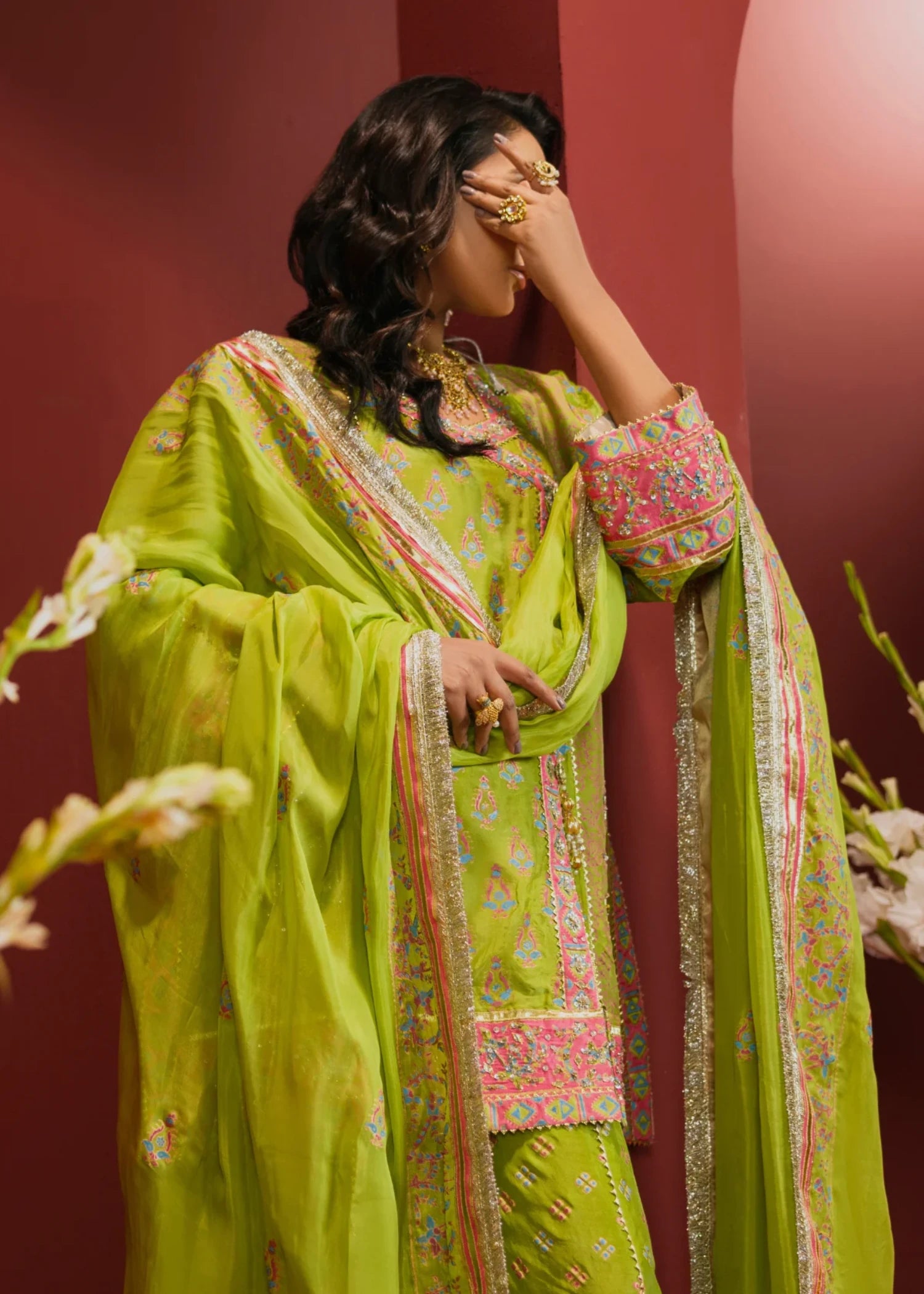tussar silk Unstitched in Apple green