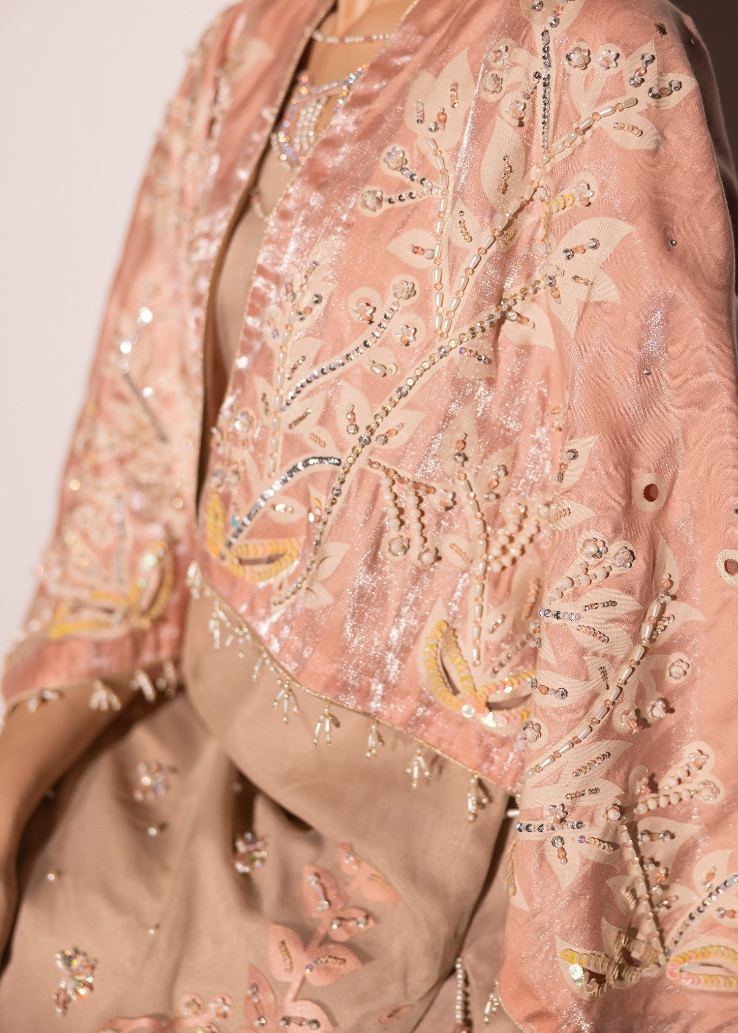 poly organza Kurta Set in Peach pink, almond brown
