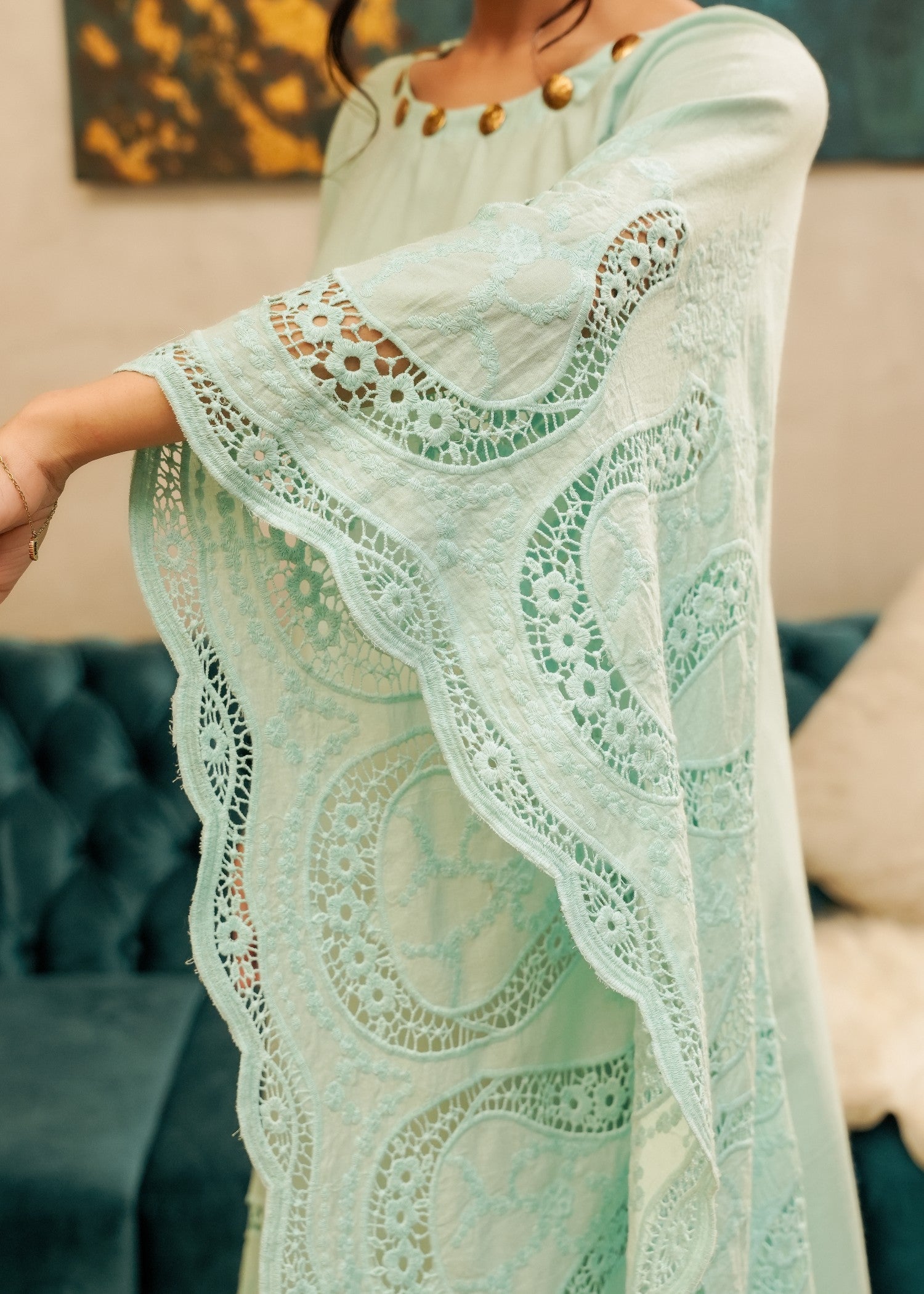 cotton Kaftan in Light cyan