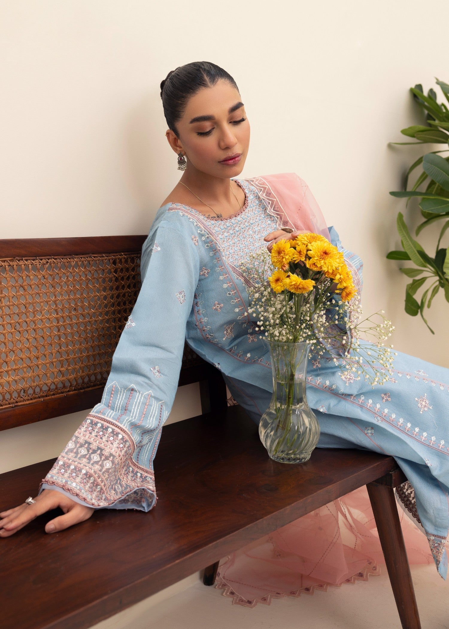 chambray Kurta Set in Light blue