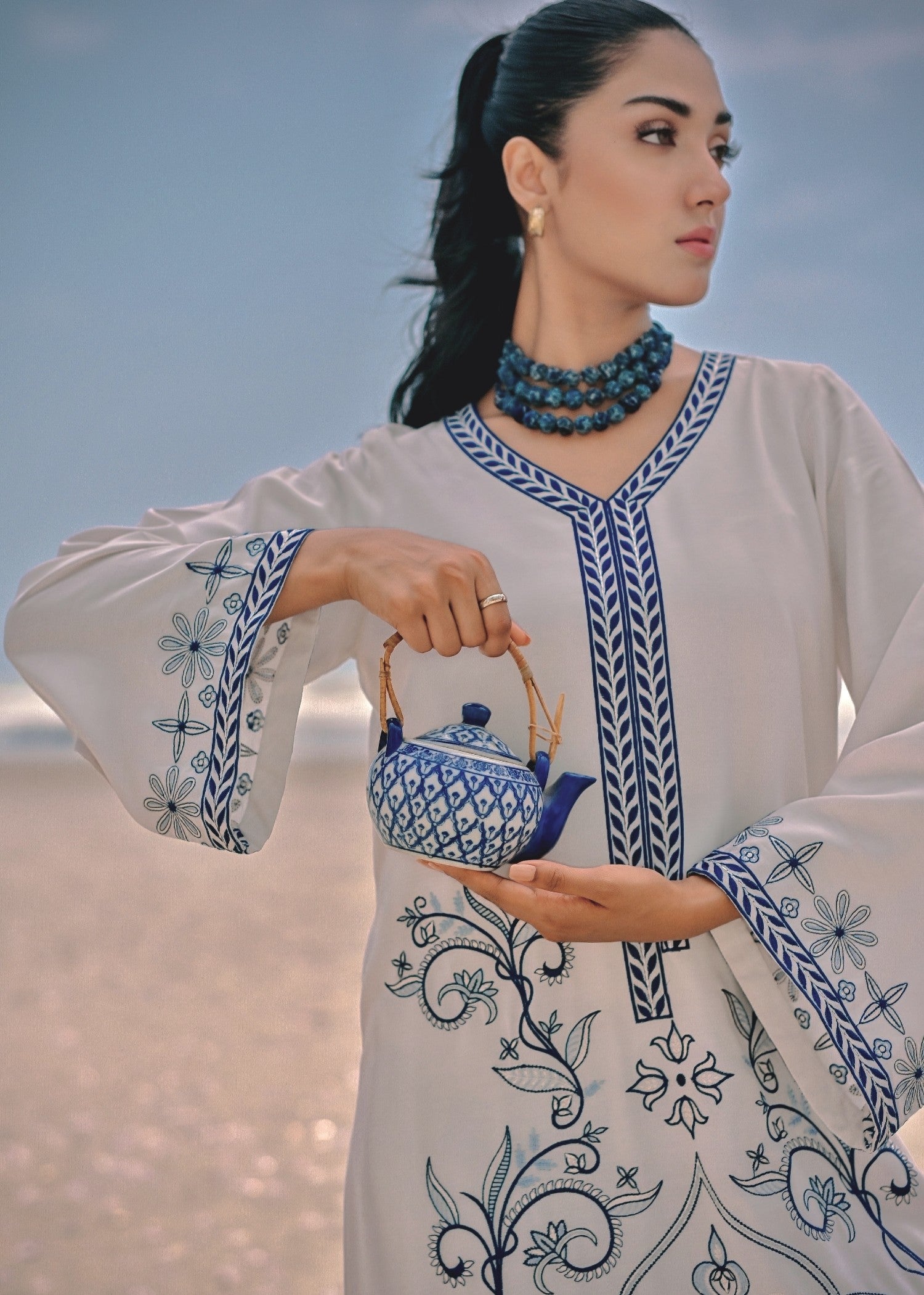 cotton viscose Kurta Set in White smoke