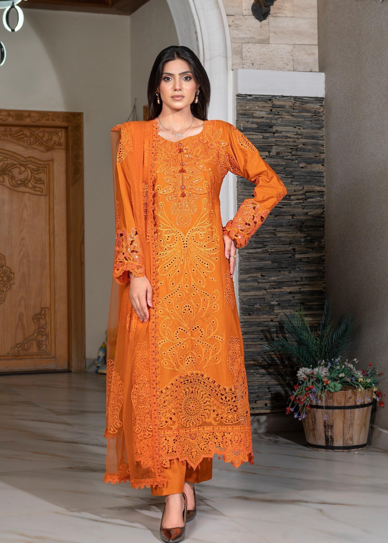 cotton Kurta Set in Orange