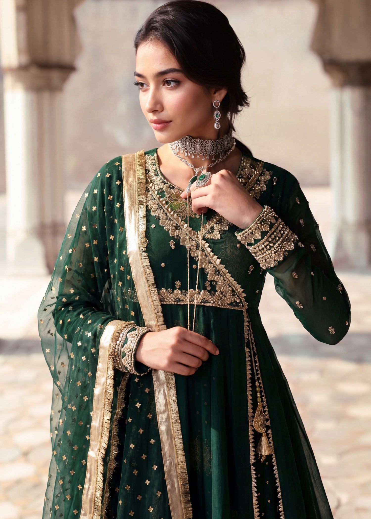 chiffon Angrakha in Dark green