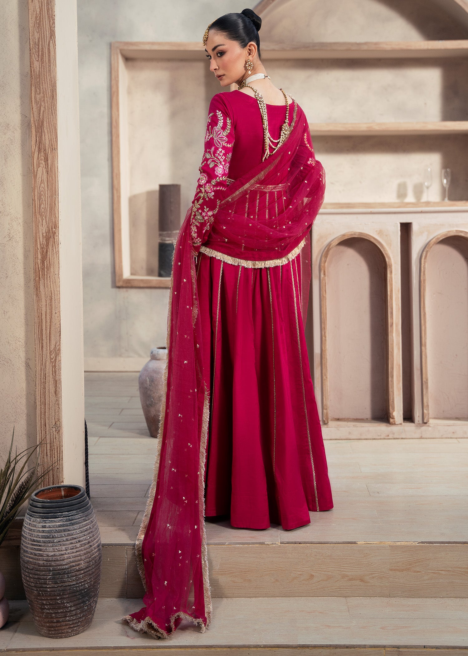 raw silk Pishwas in Shocking pink