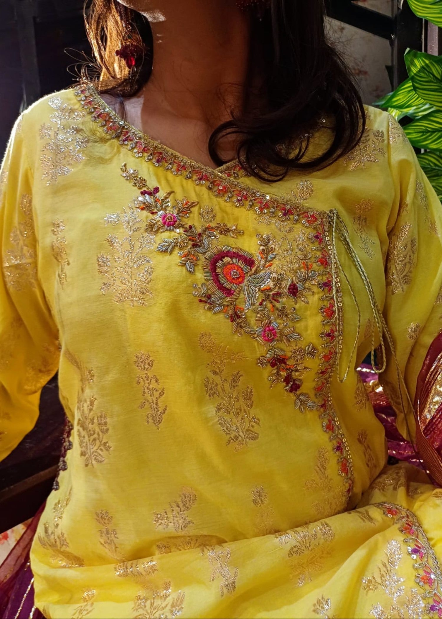cotton jacquard Angrakha in Yellow