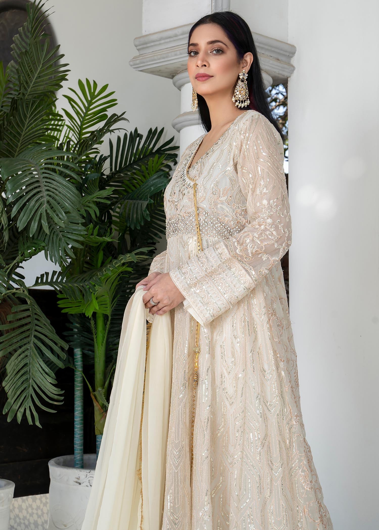 chiffon Angrakha in Off-white