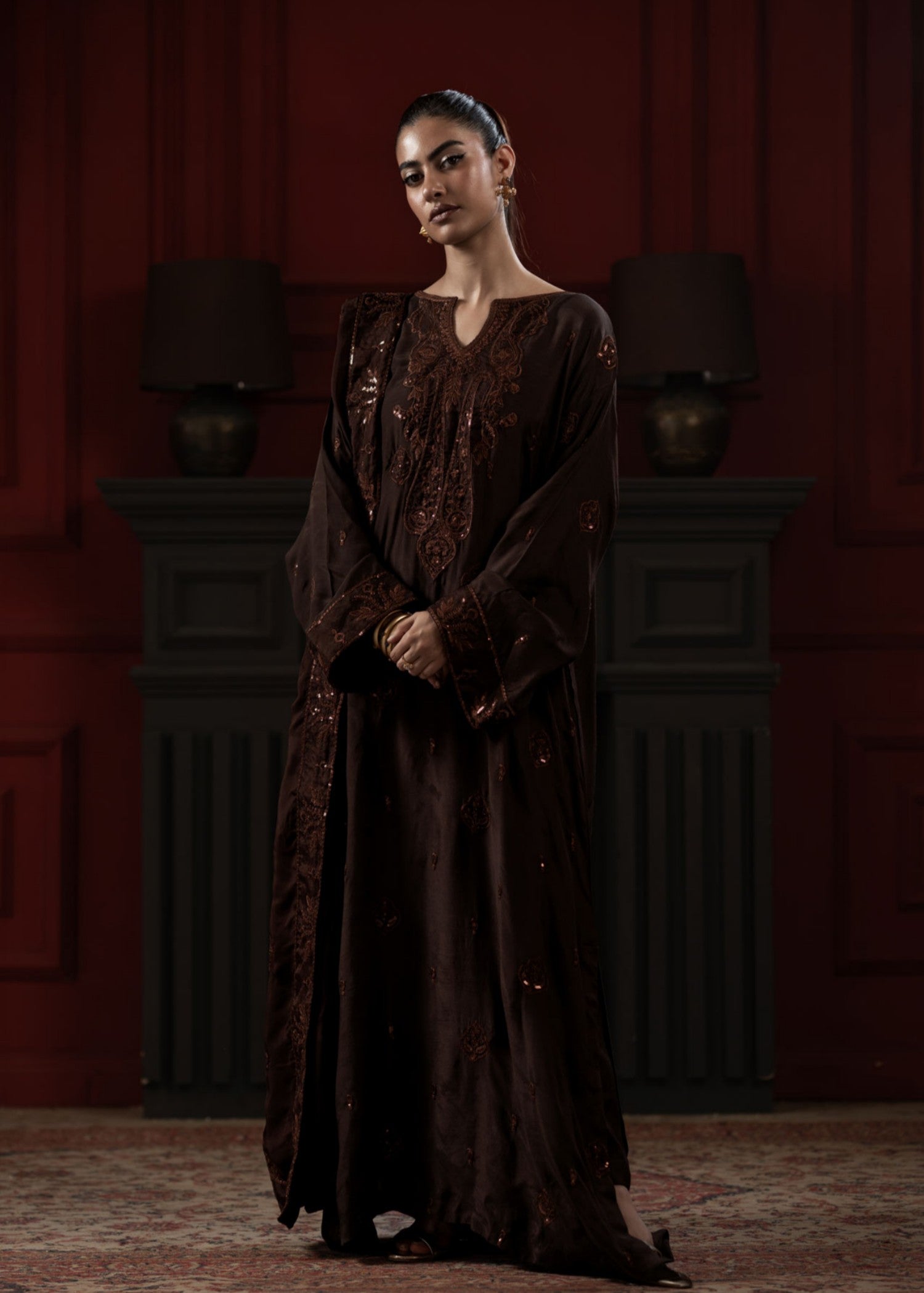 raw silk Kaftan in Brunette brown