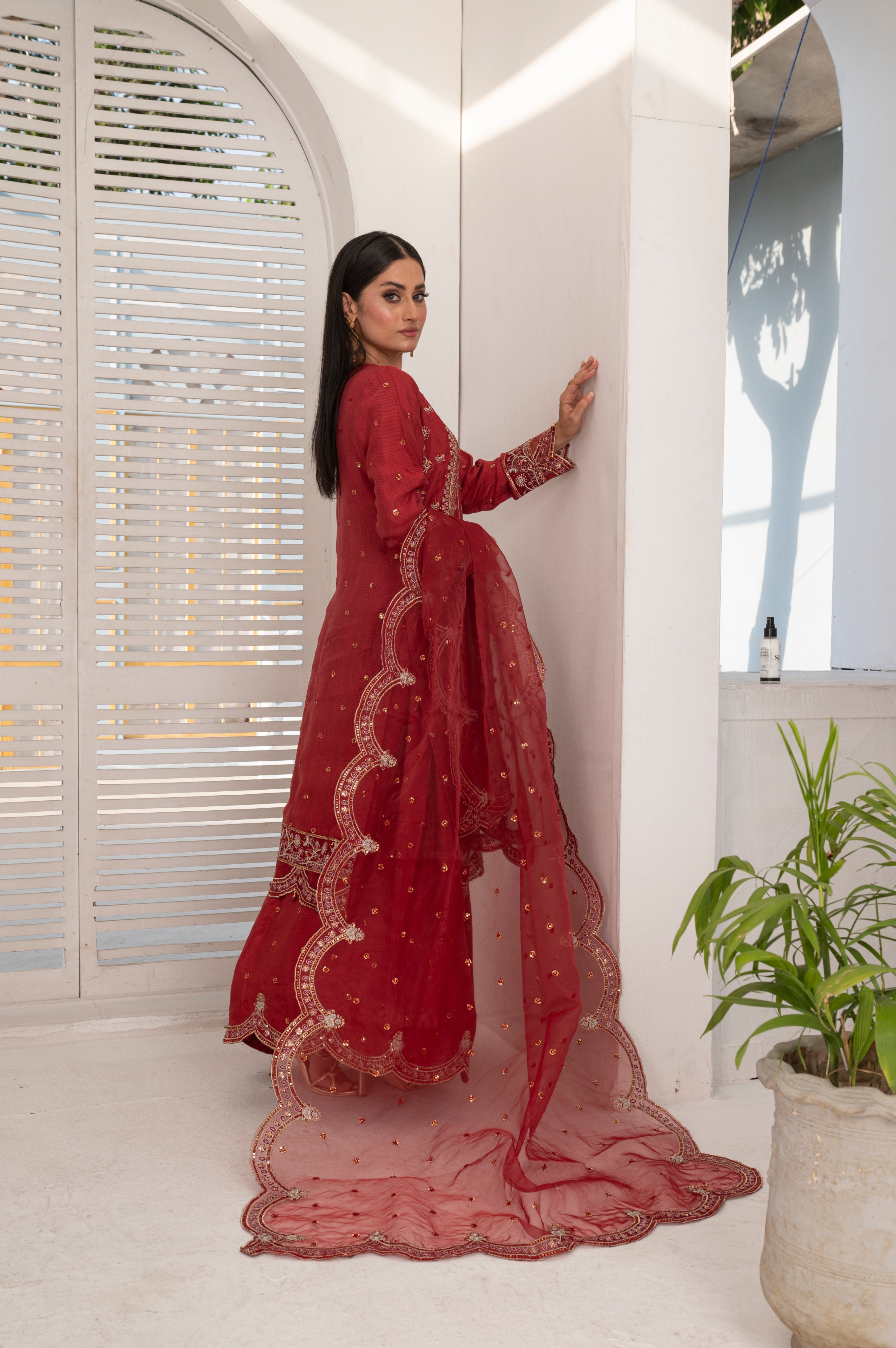 raw silk Sharara in Blood red