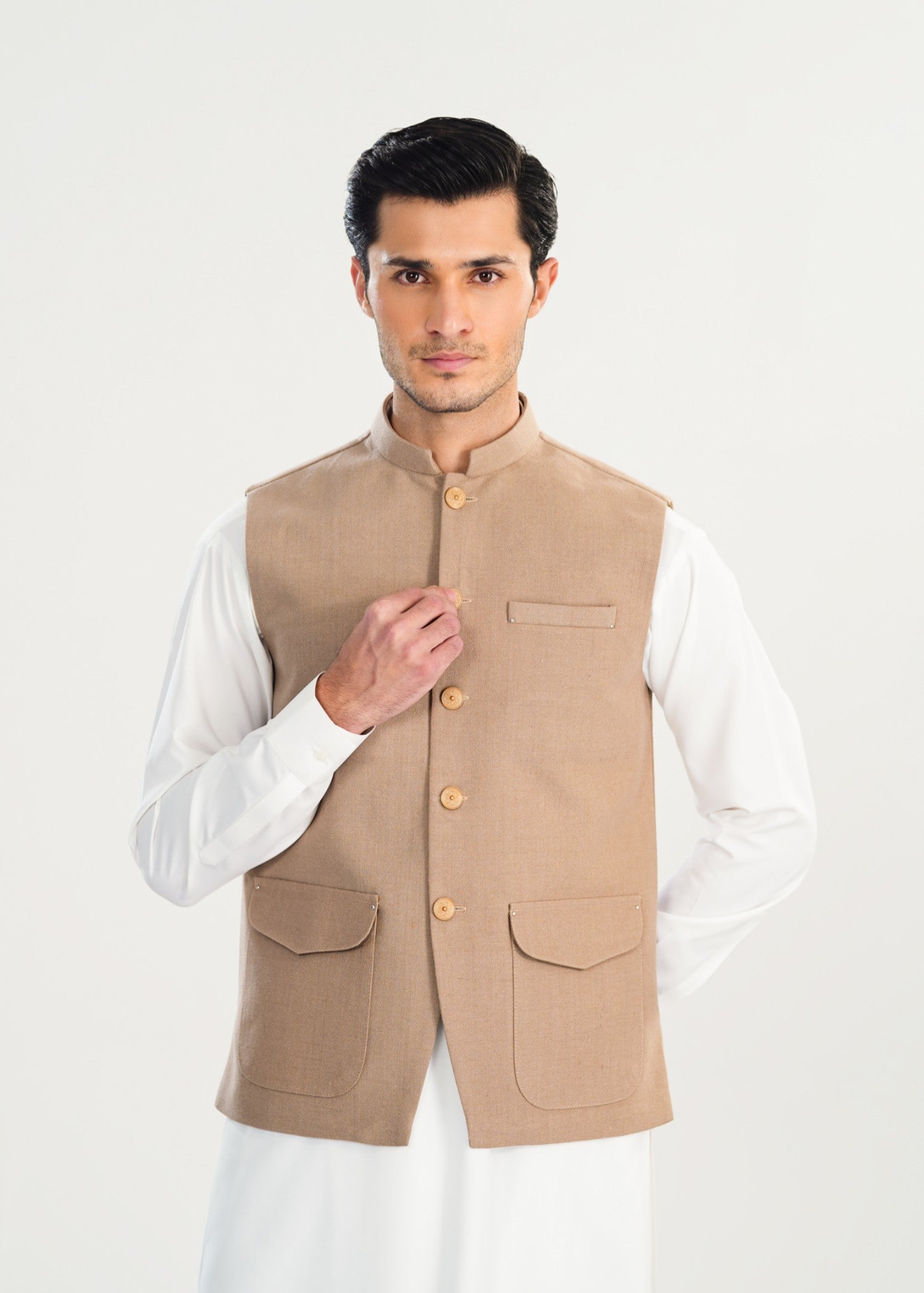 handwoven khaddar Waistcoat in Off-white, beige by Muraqsh