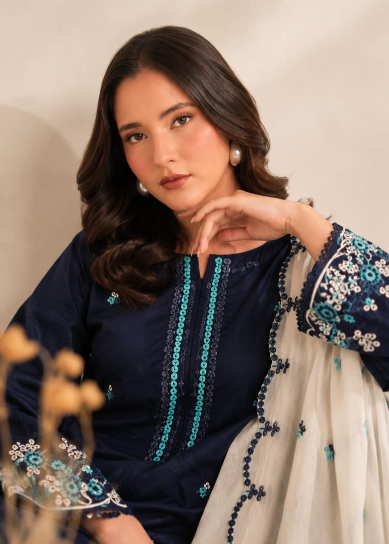 linen Kurta Set in Midnight blue