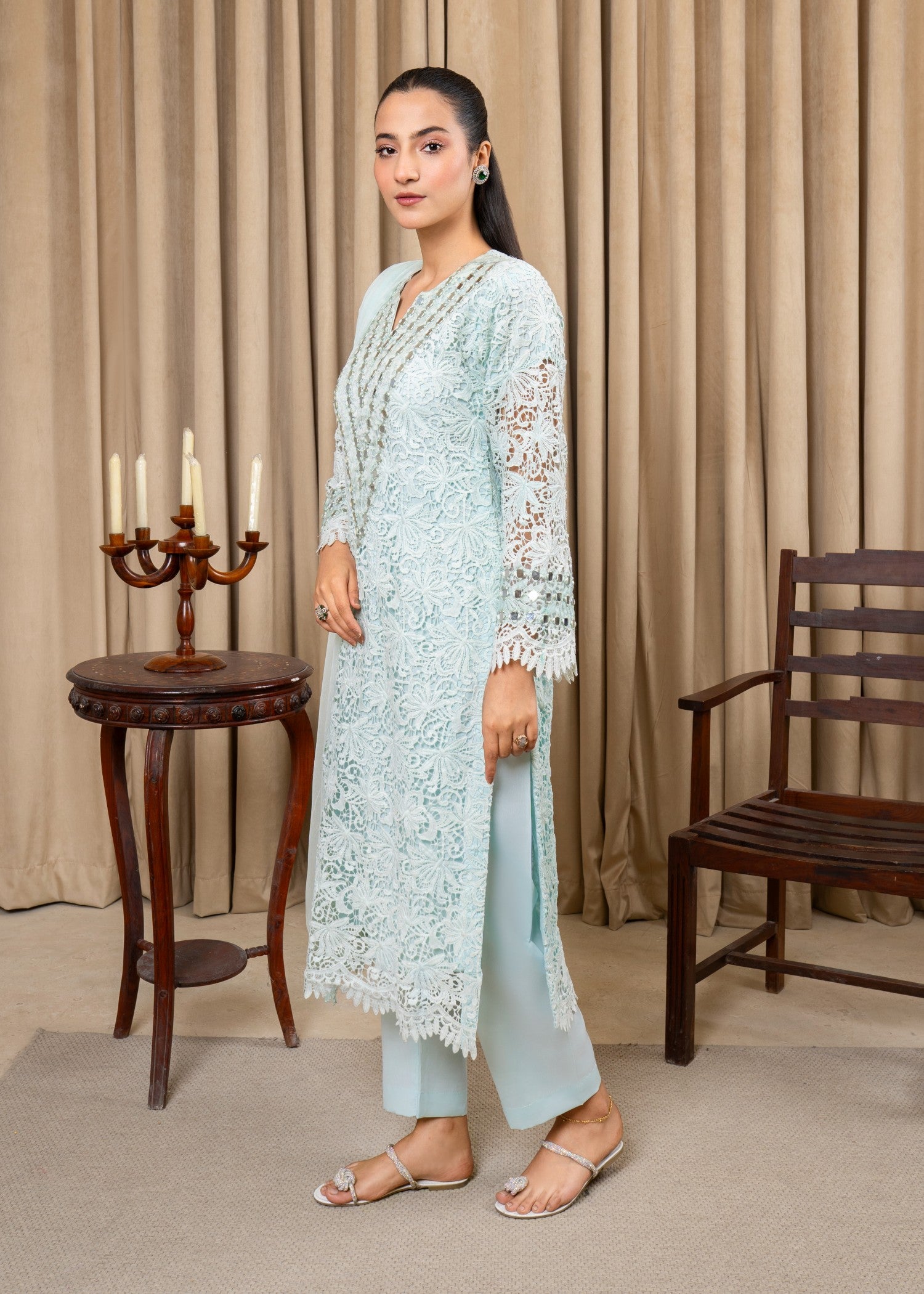 cotton net Kurta Set in Ice blue