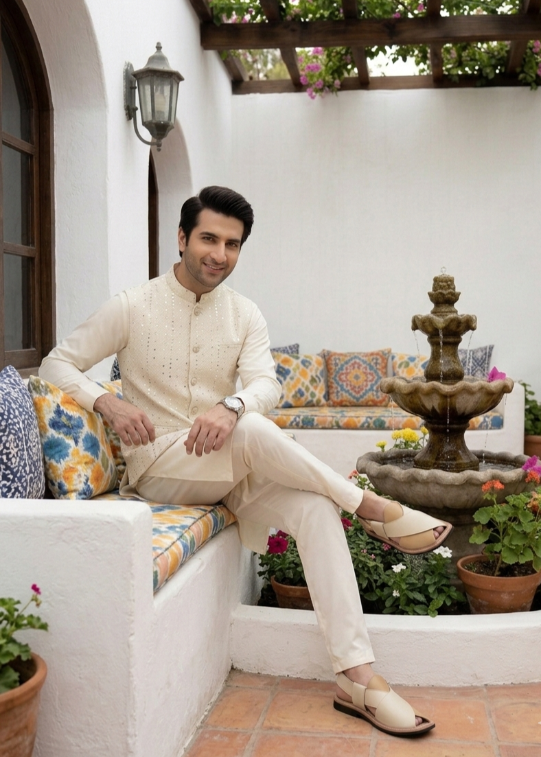 jamawar Waistcoat in Off-white, ivory