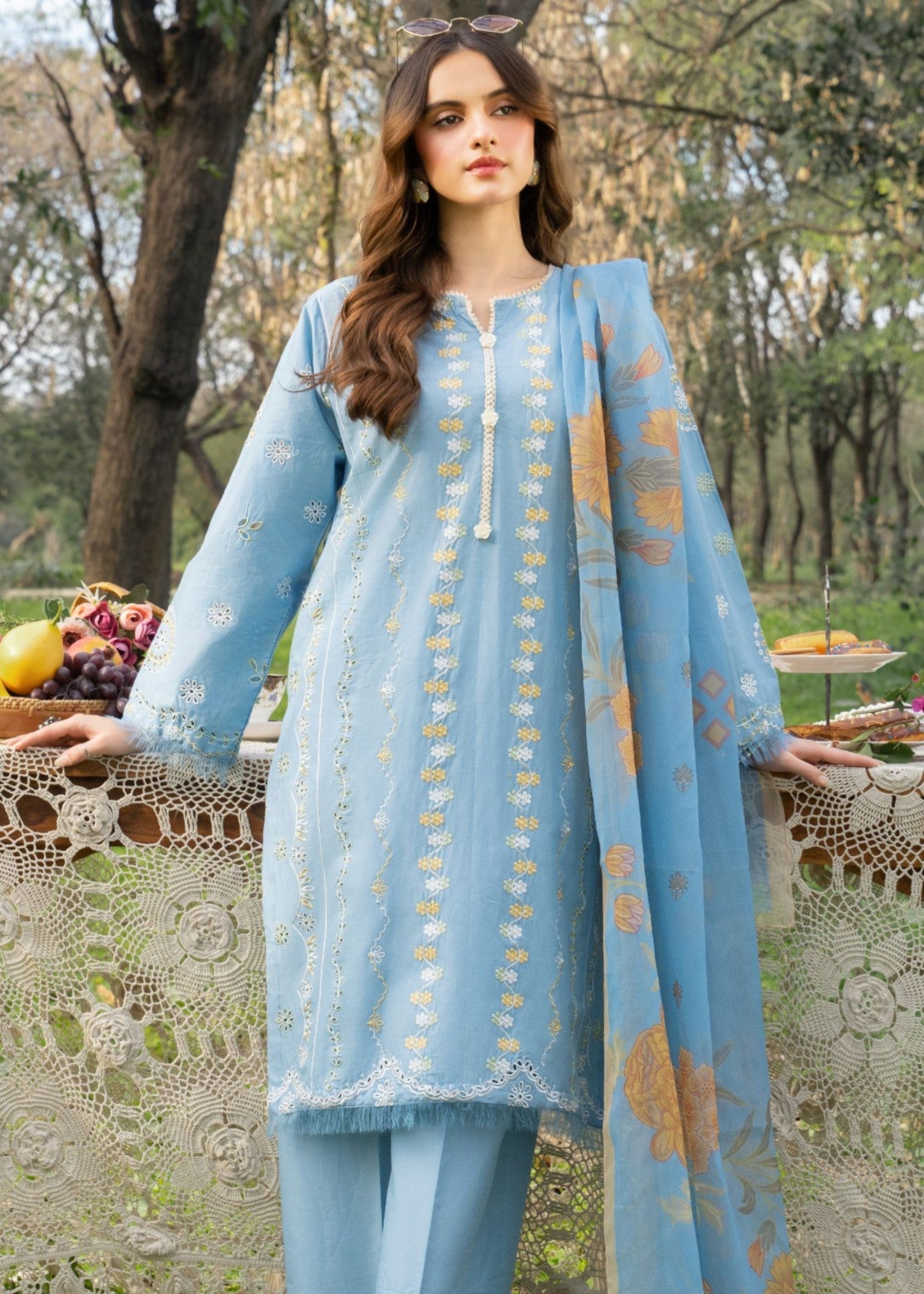 lawn Kurta Set in Powder blue