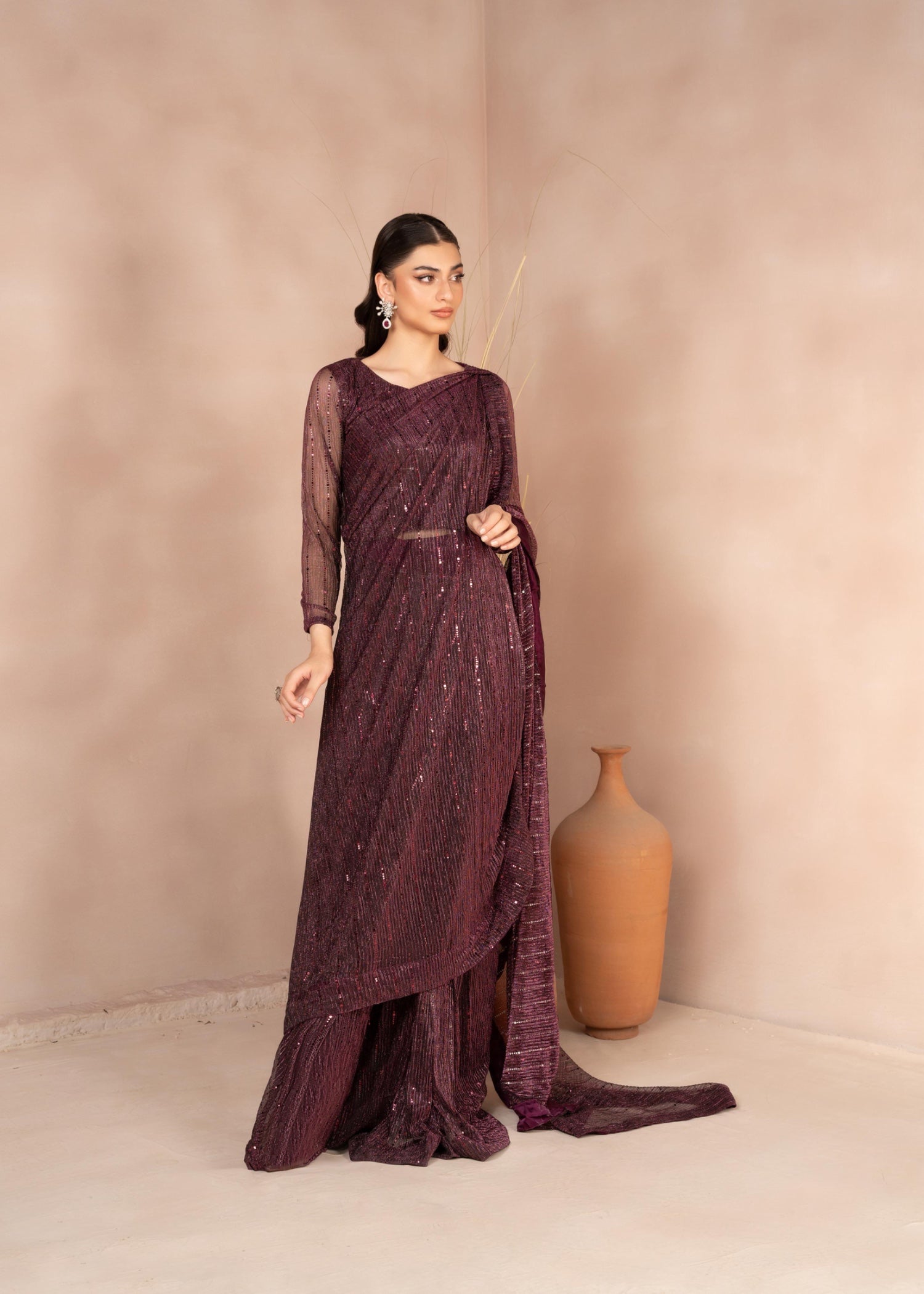 net Saree in Plum