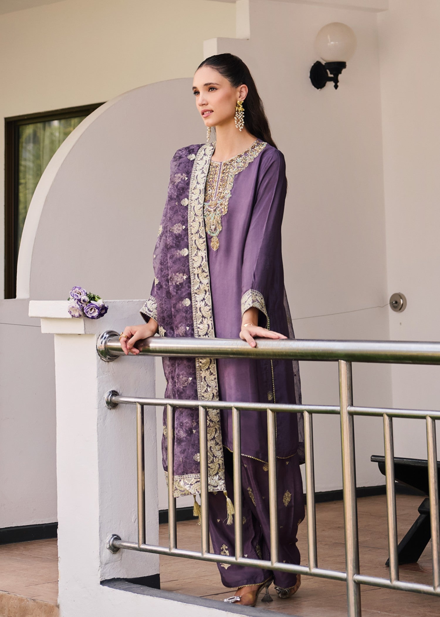 pure silk chiffon Kurta Set in Purple heart