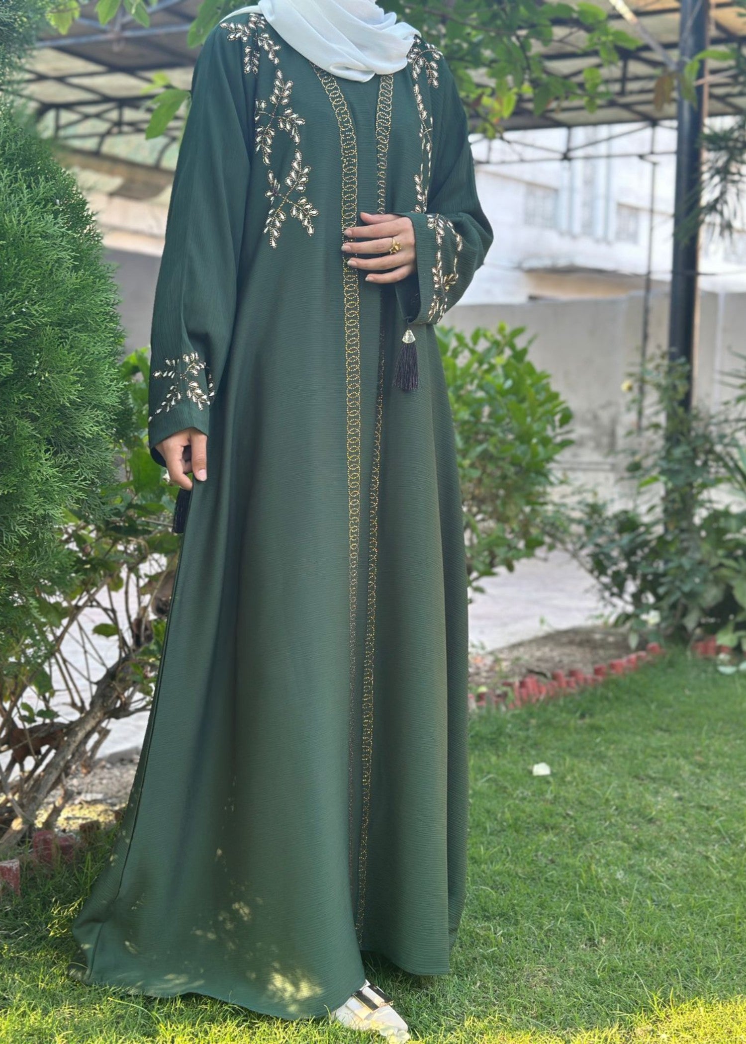 thai silk Abaya in Bottle green