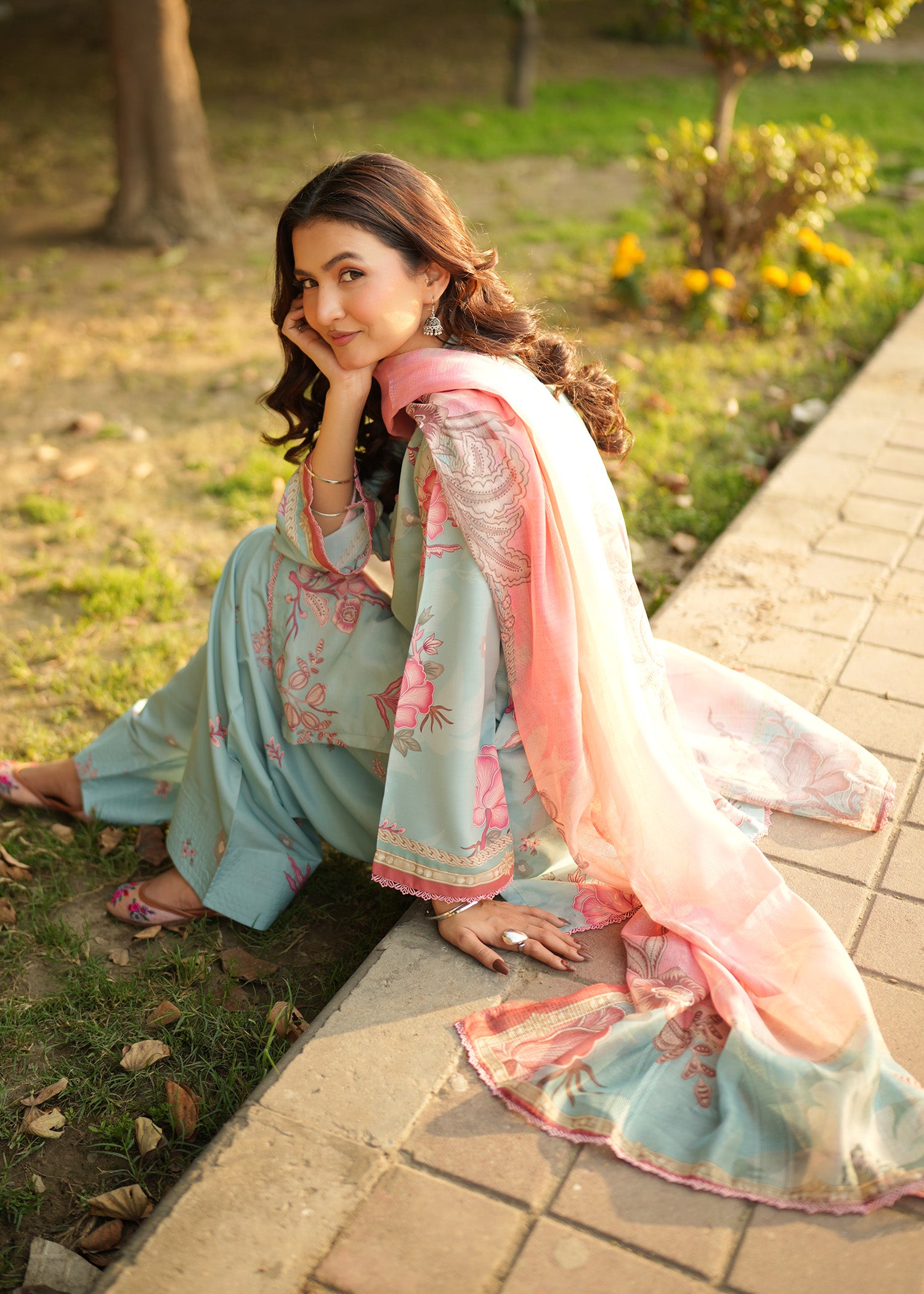 silk finish lawn Kurta Set in Sky blue