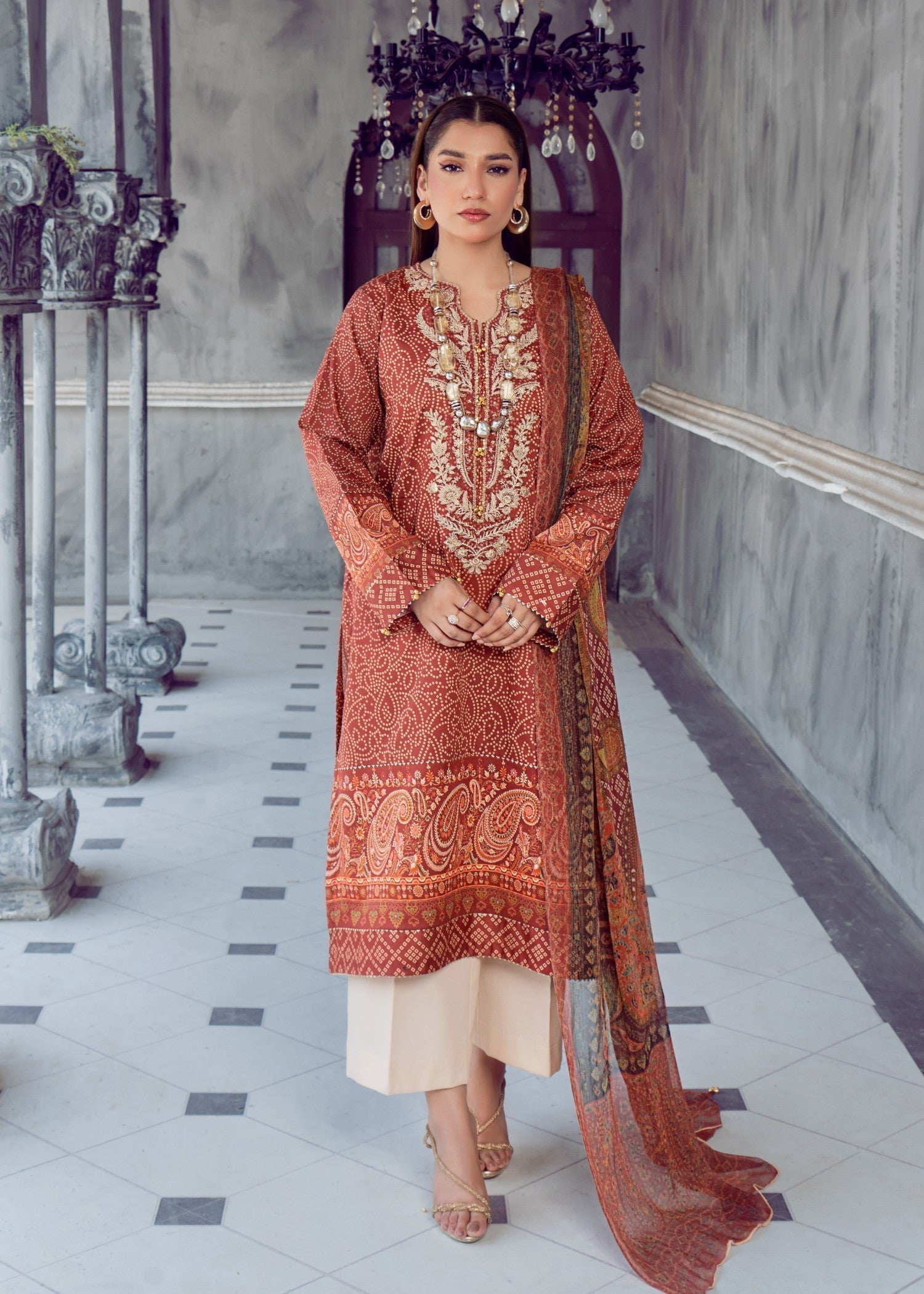 lawn Kurta Set in Rust orange