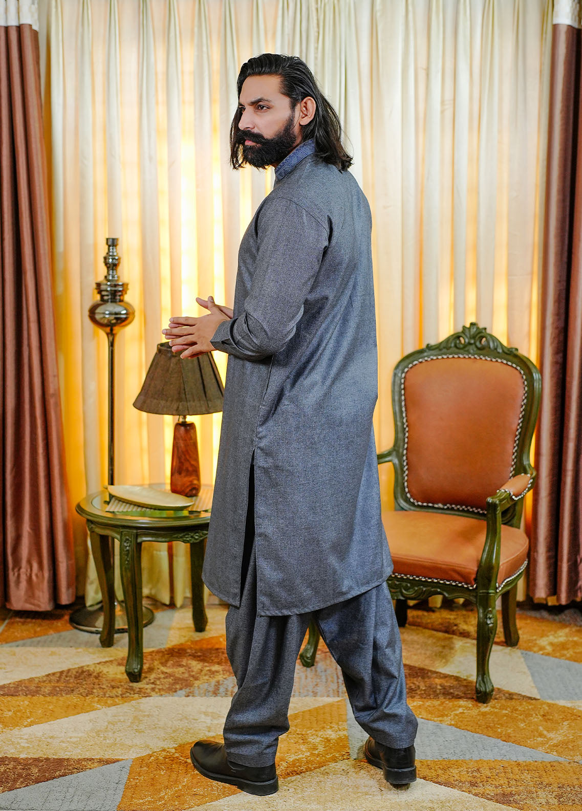 acrylic wool Shalwar Kameez in Twilight blue