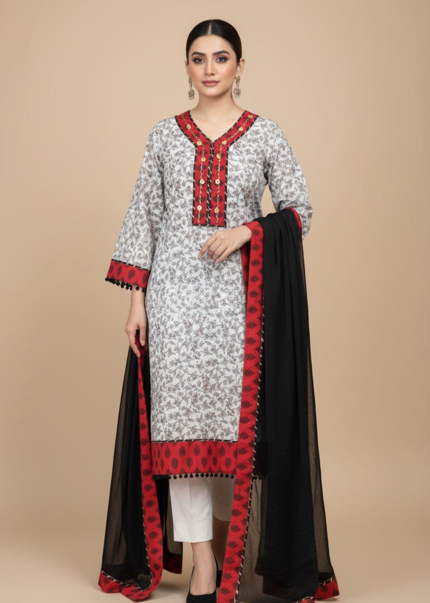 lawn Kurta Set in Black, white, red