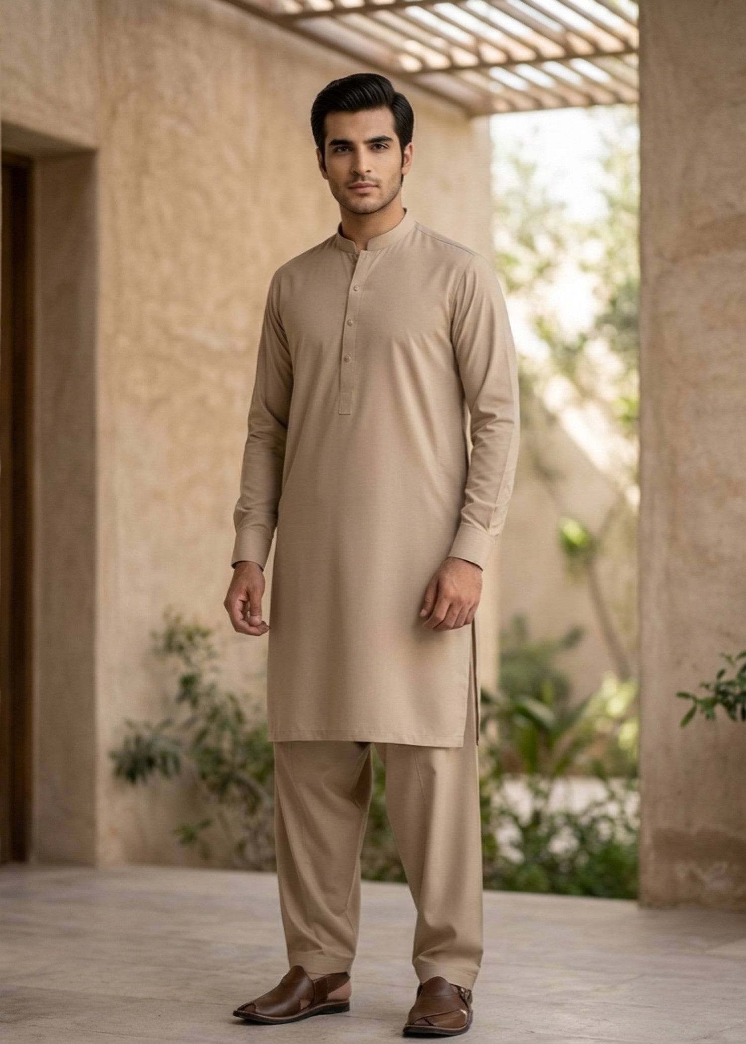 wash & wear Shalwar Kameez in Beige by Waqar Mustafa