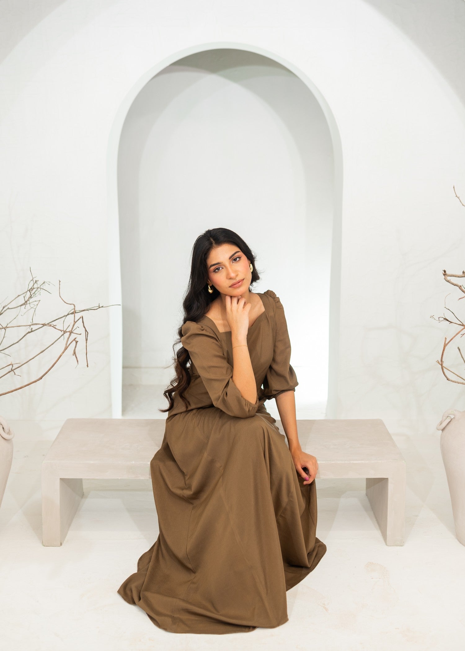polyester crepe Dress in Khaki brown
