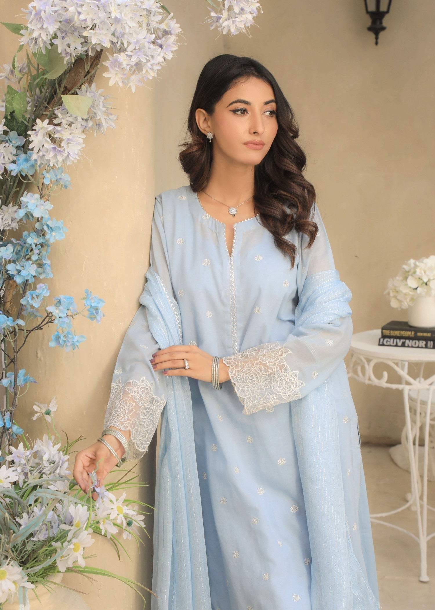 voile Kurta Set in Sky blue