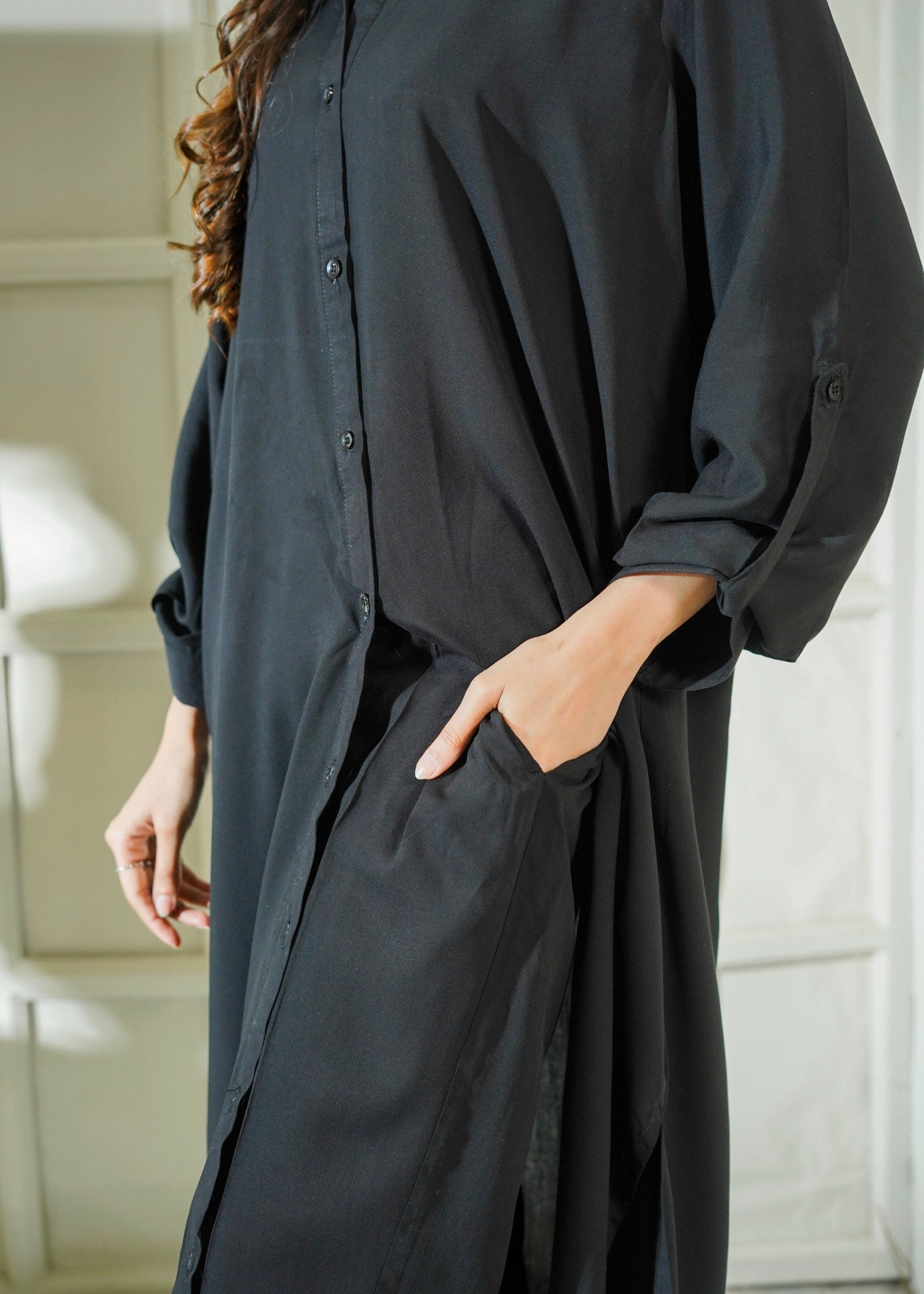 blended linen Kurta Set in Black