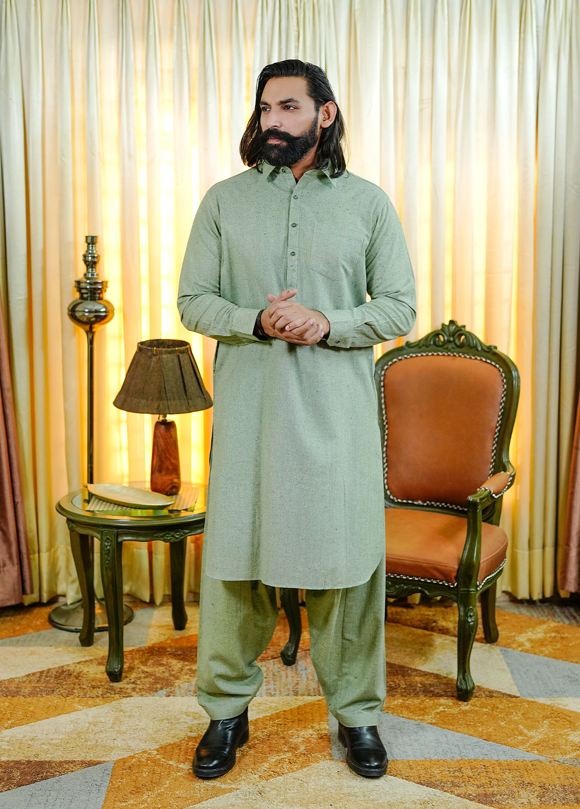 wool viscose Shalwar Kameez in Pistachio green