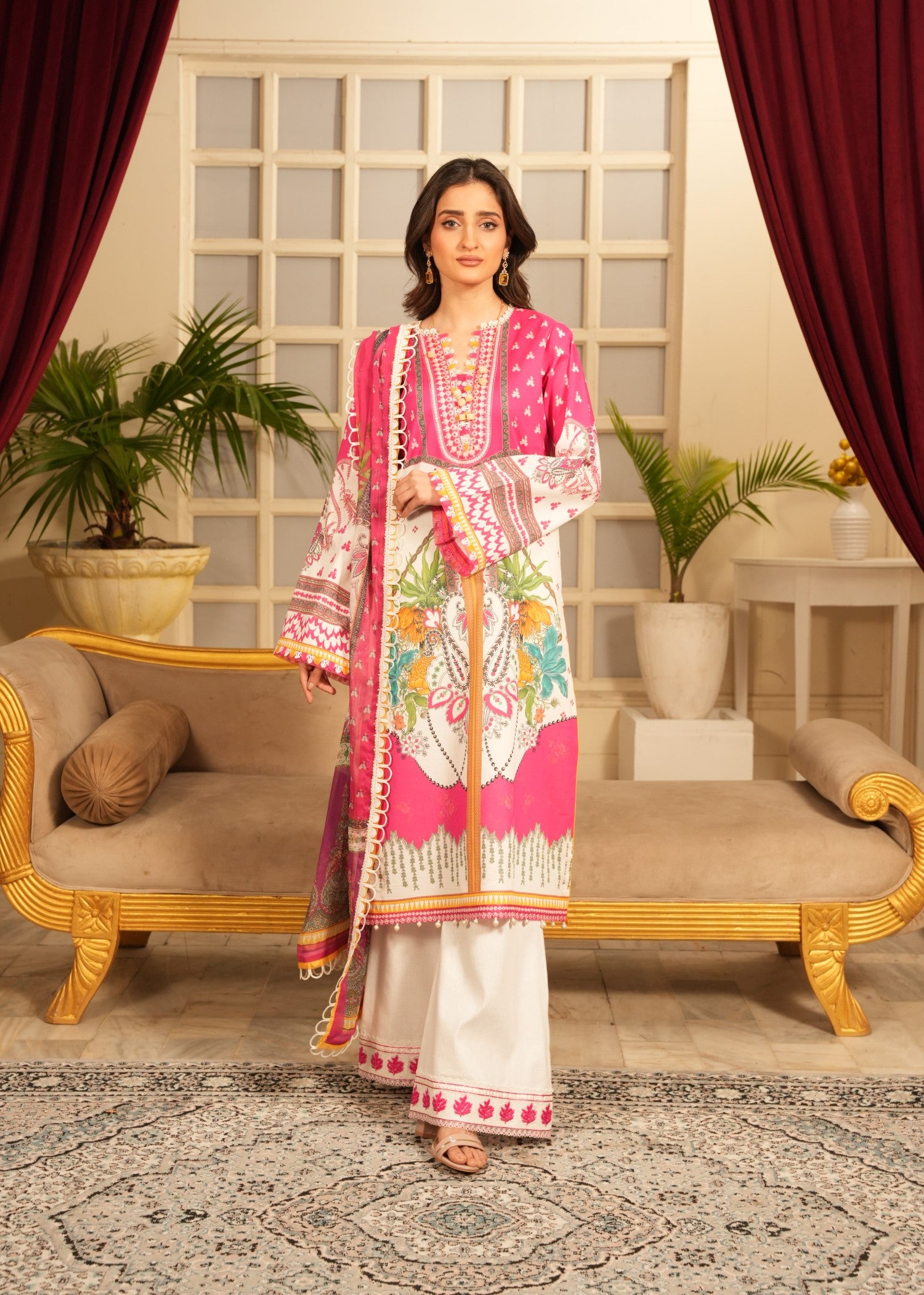 lawn Unstitched in Pink, white
