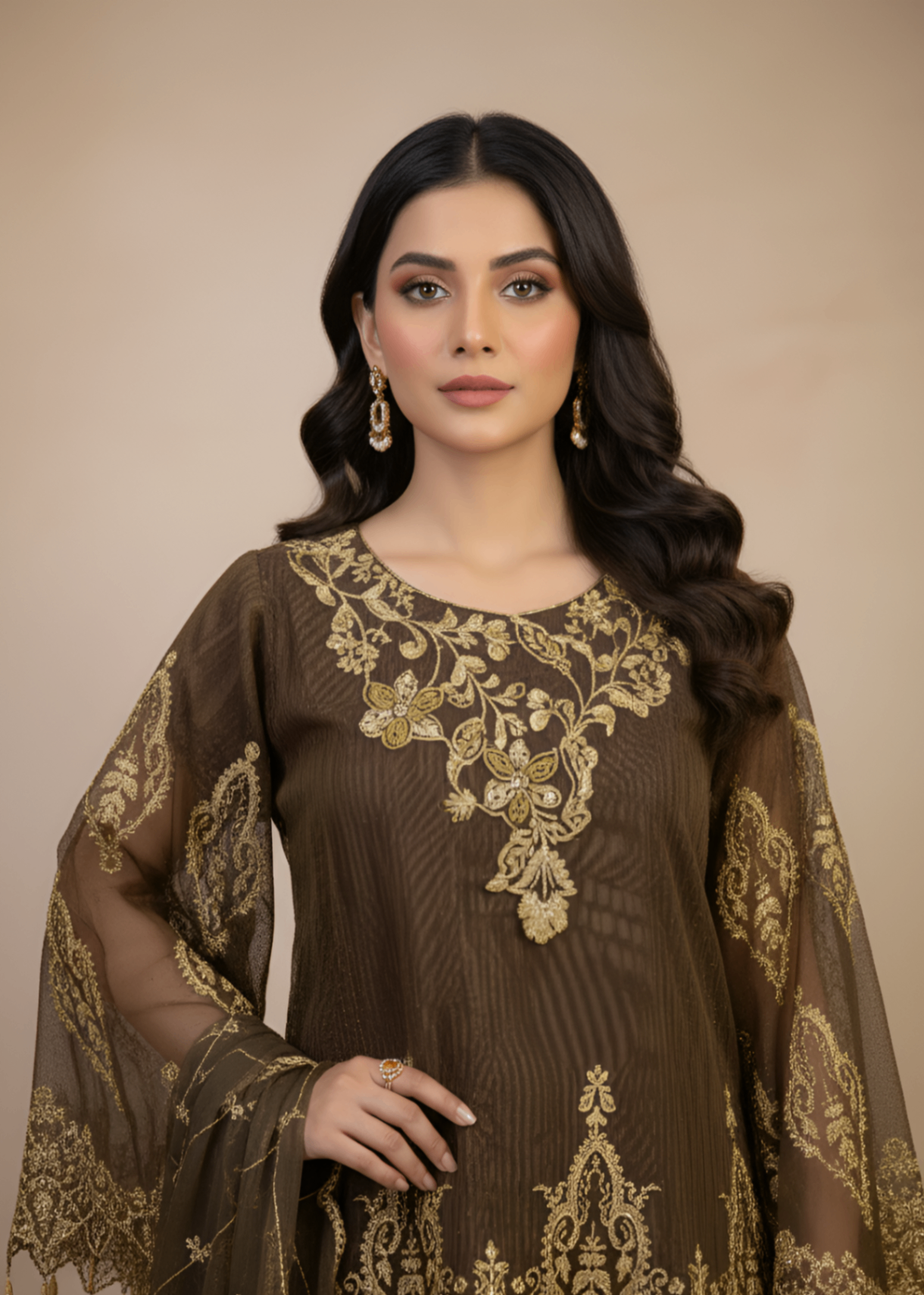 khaddi net Short Frock in Chocolate brown, coffee brown
