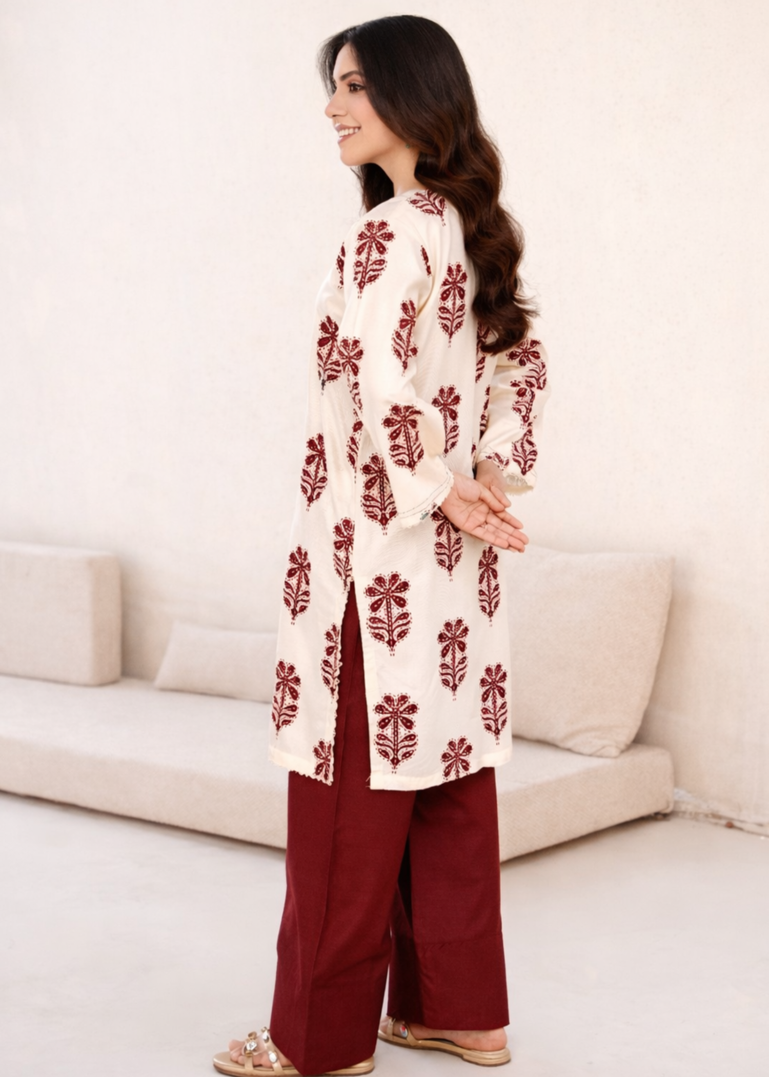 linen Kurta Set in Maroon, cream
