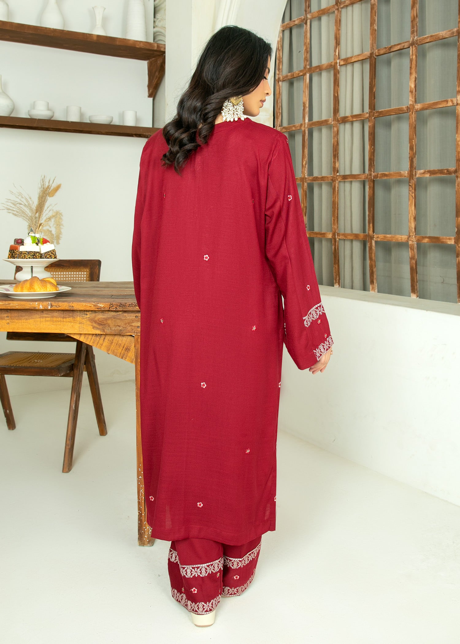 peach wool Kurta Set in Maroon