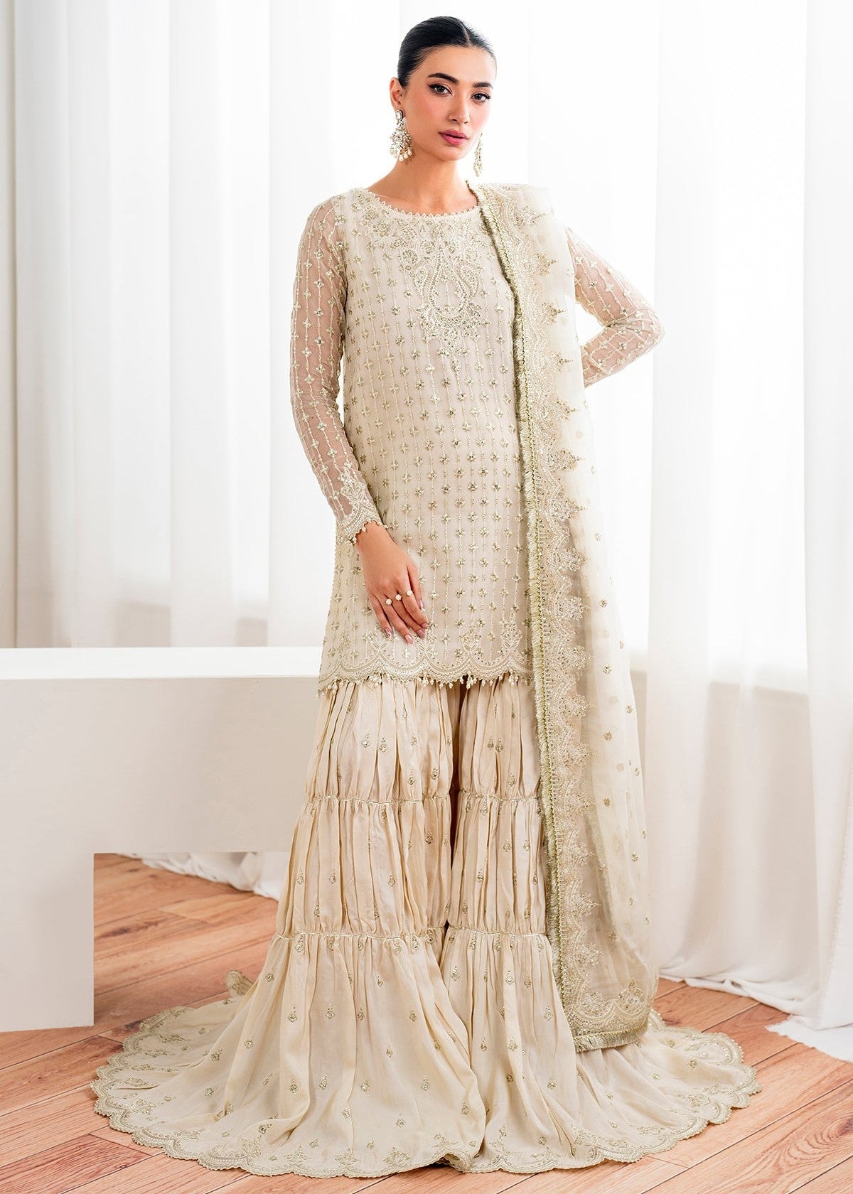 chiffon Gharara in Pearl white