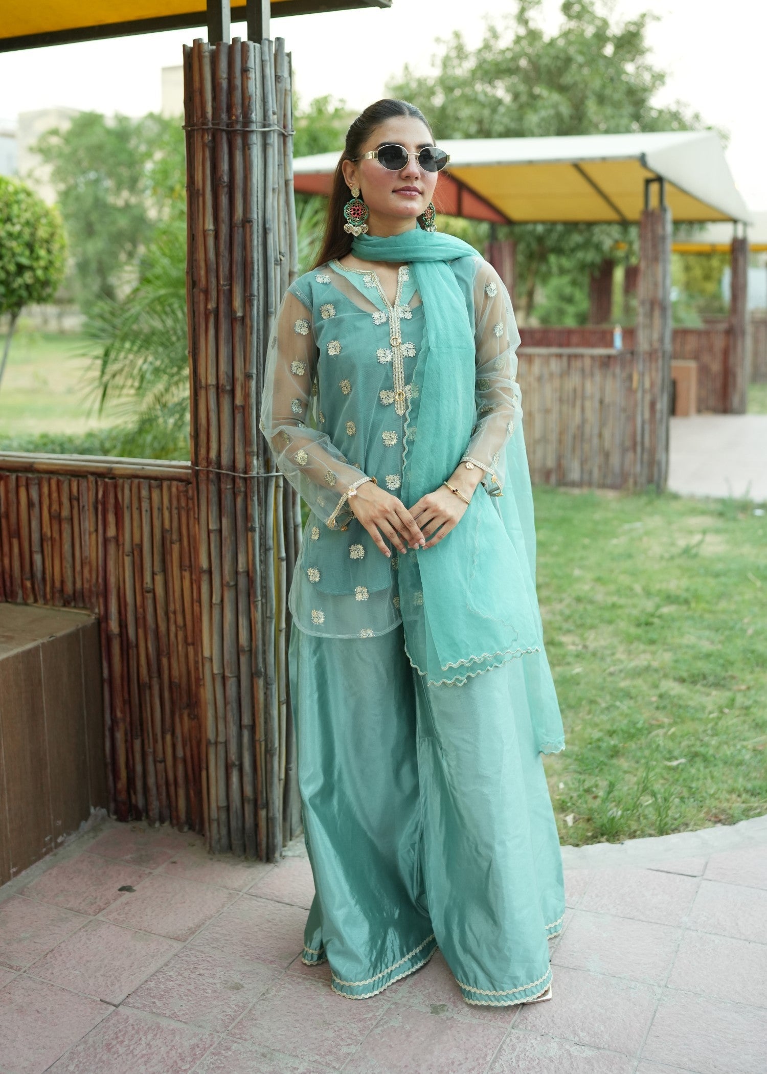 net Sharara in Pastel green