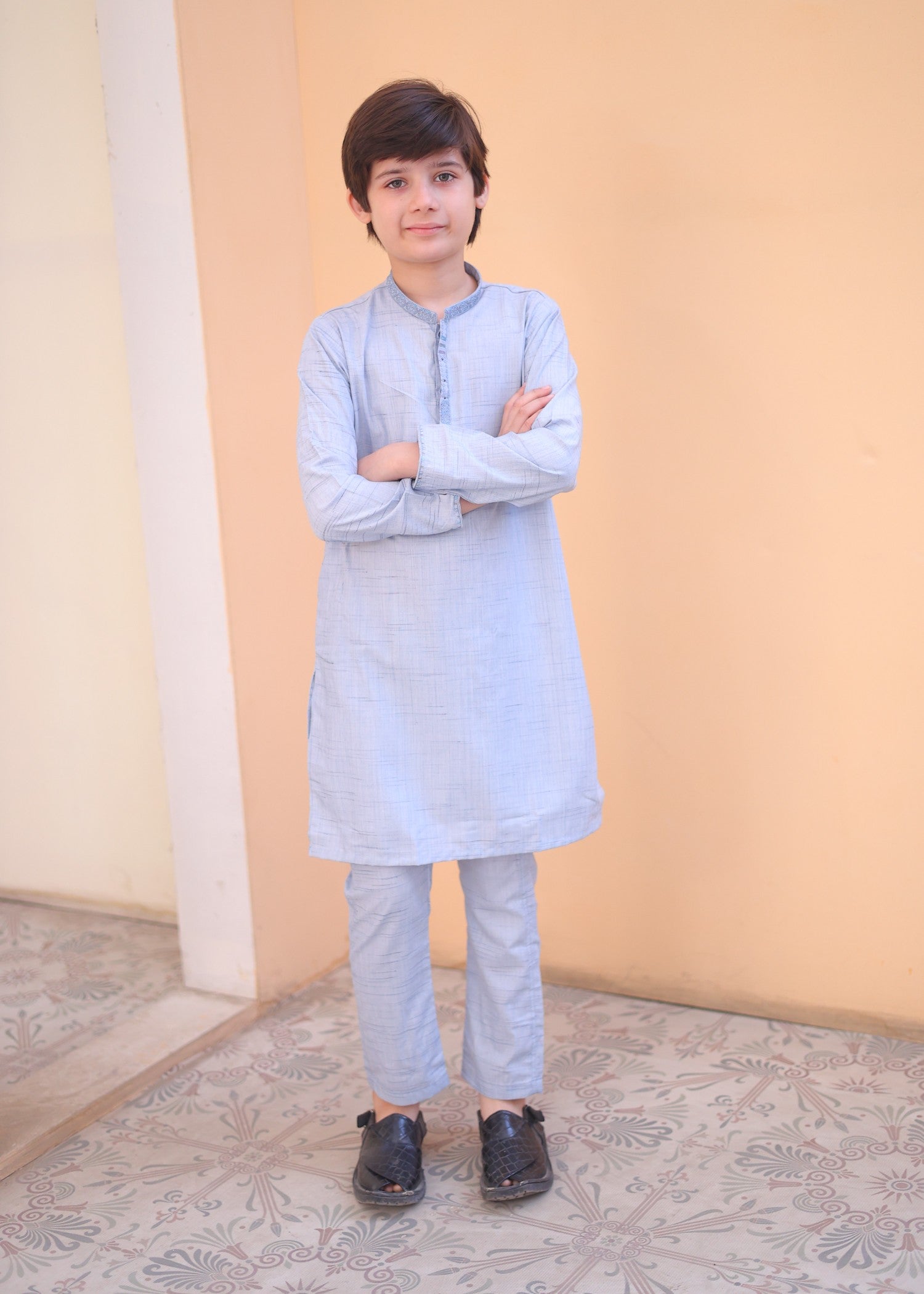 textured wash & wear Kurta Set in Ice blue