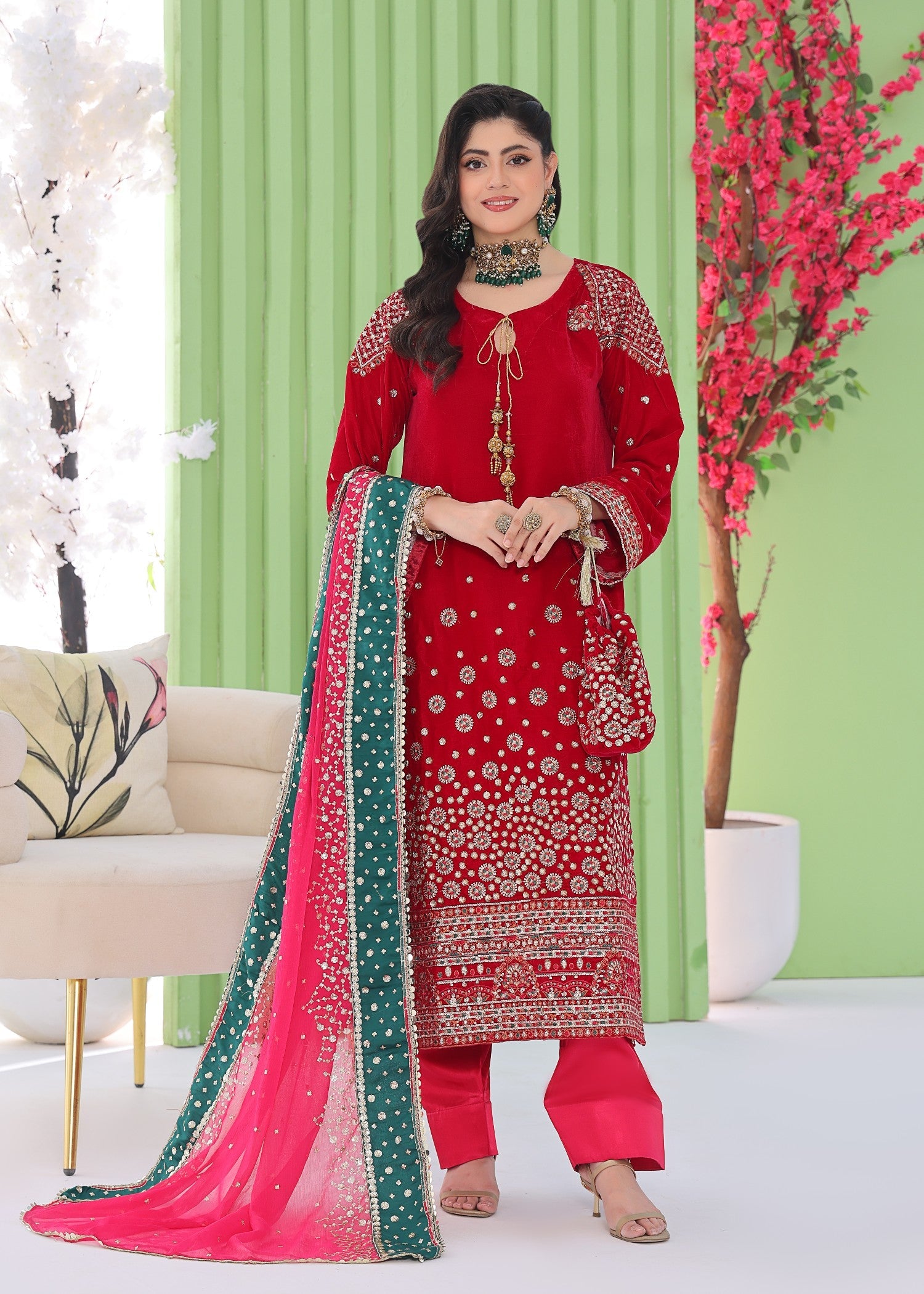 velvet Kurta Set in Fire red