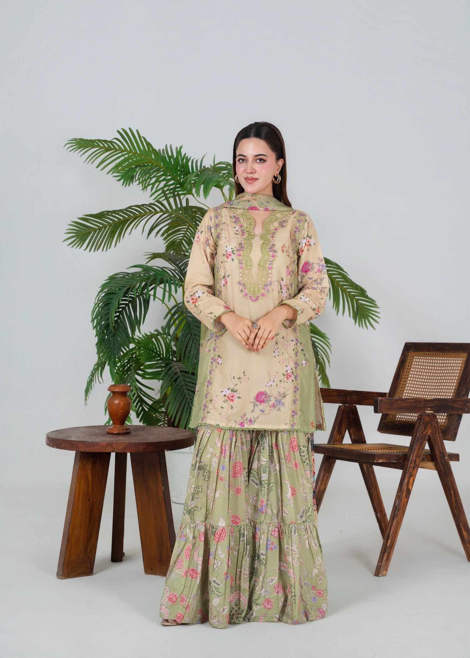 poly lawn Gharara in Green, mellow yellow