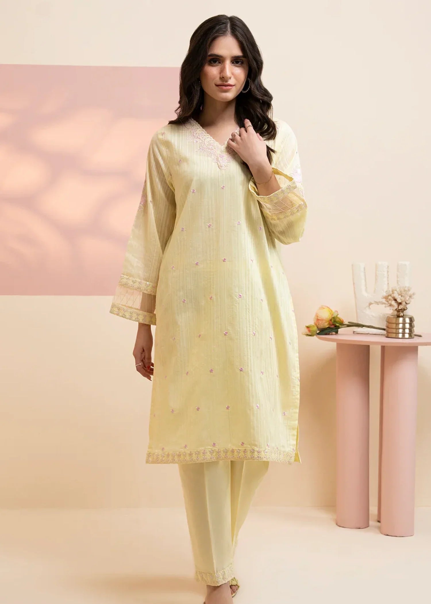 polyester Kurta Set in Light yellow