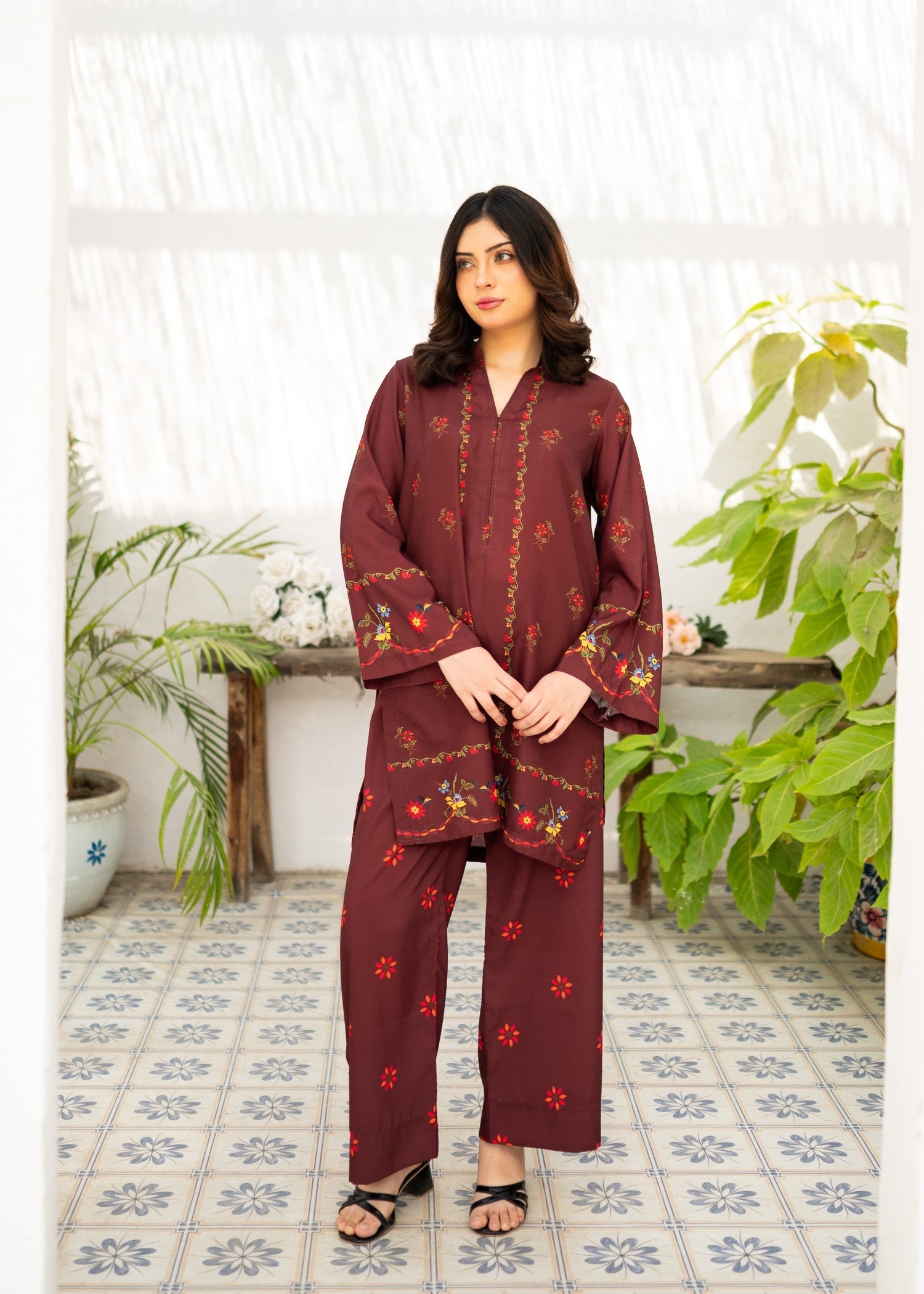 poly lawn Co Ord Sets in Maroon
