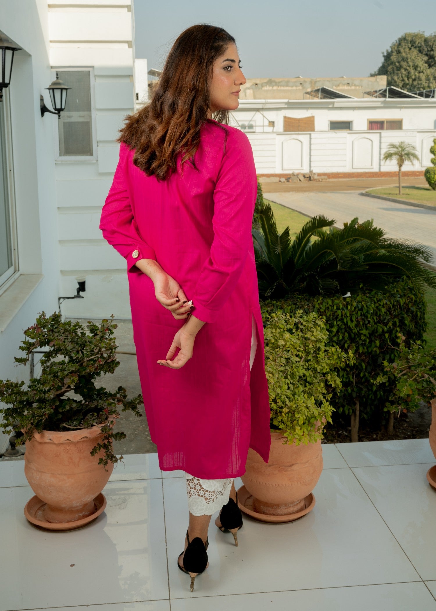 lawn Kurti in Raspberry pink