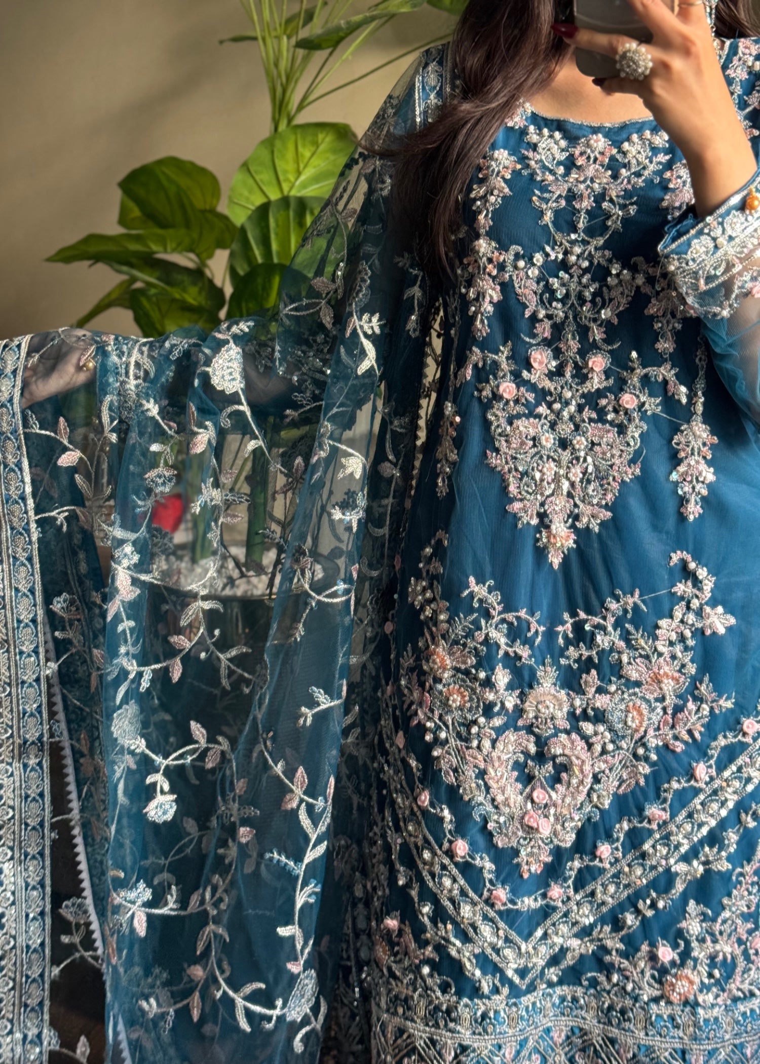 net Kurta Set in Teal