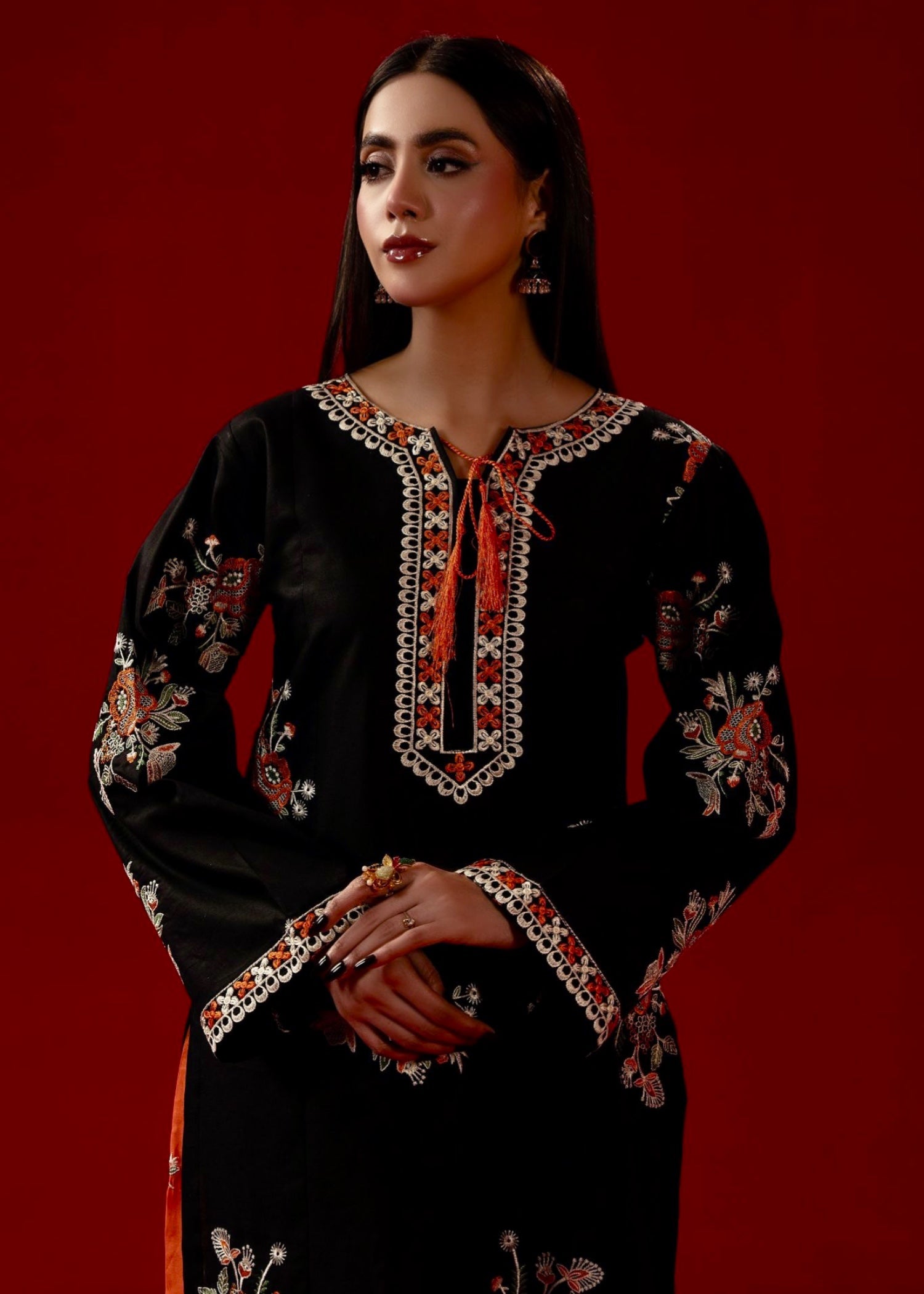 cambric Kurta Set in Black, pumpkin orange