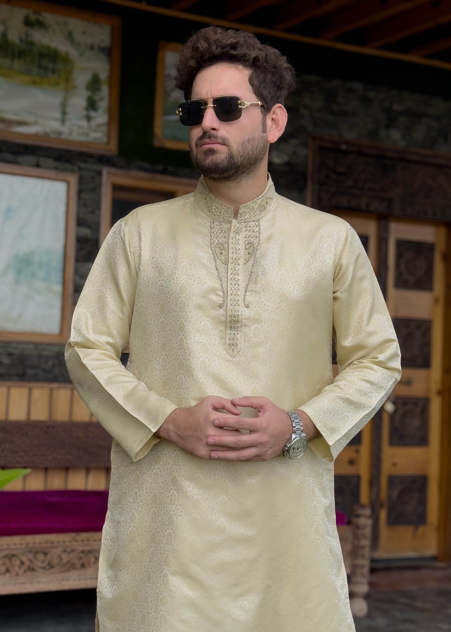 traditional jamawar Kurta in Cream