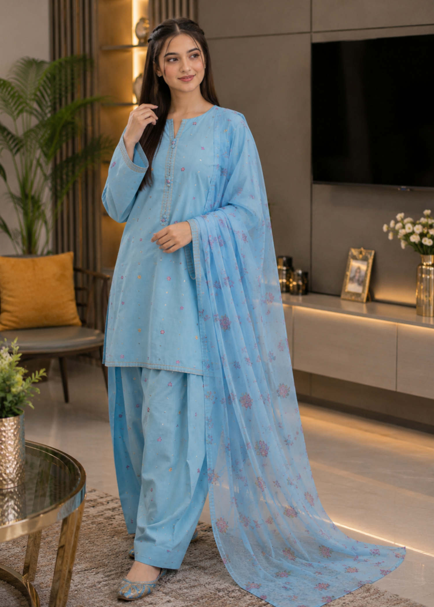 cotton linen Kurta Set in Sky