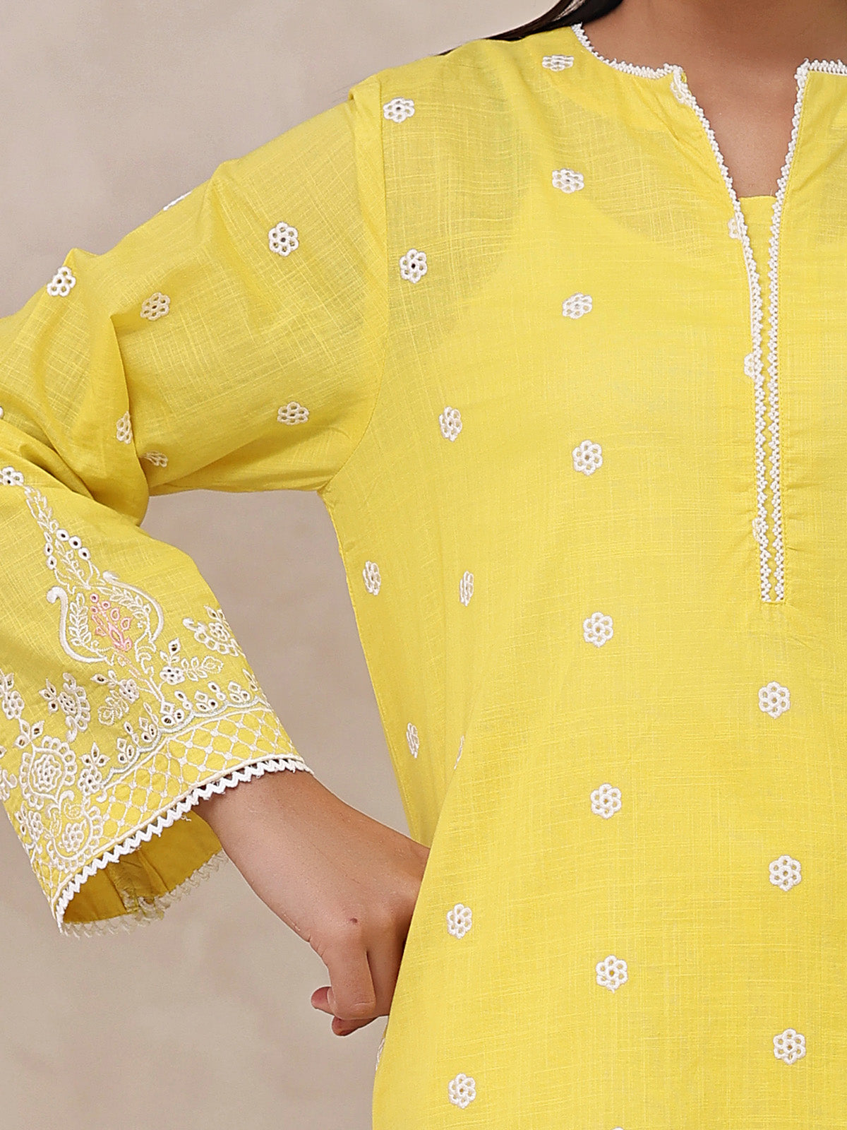 injected slub Kurta Set in Yellow