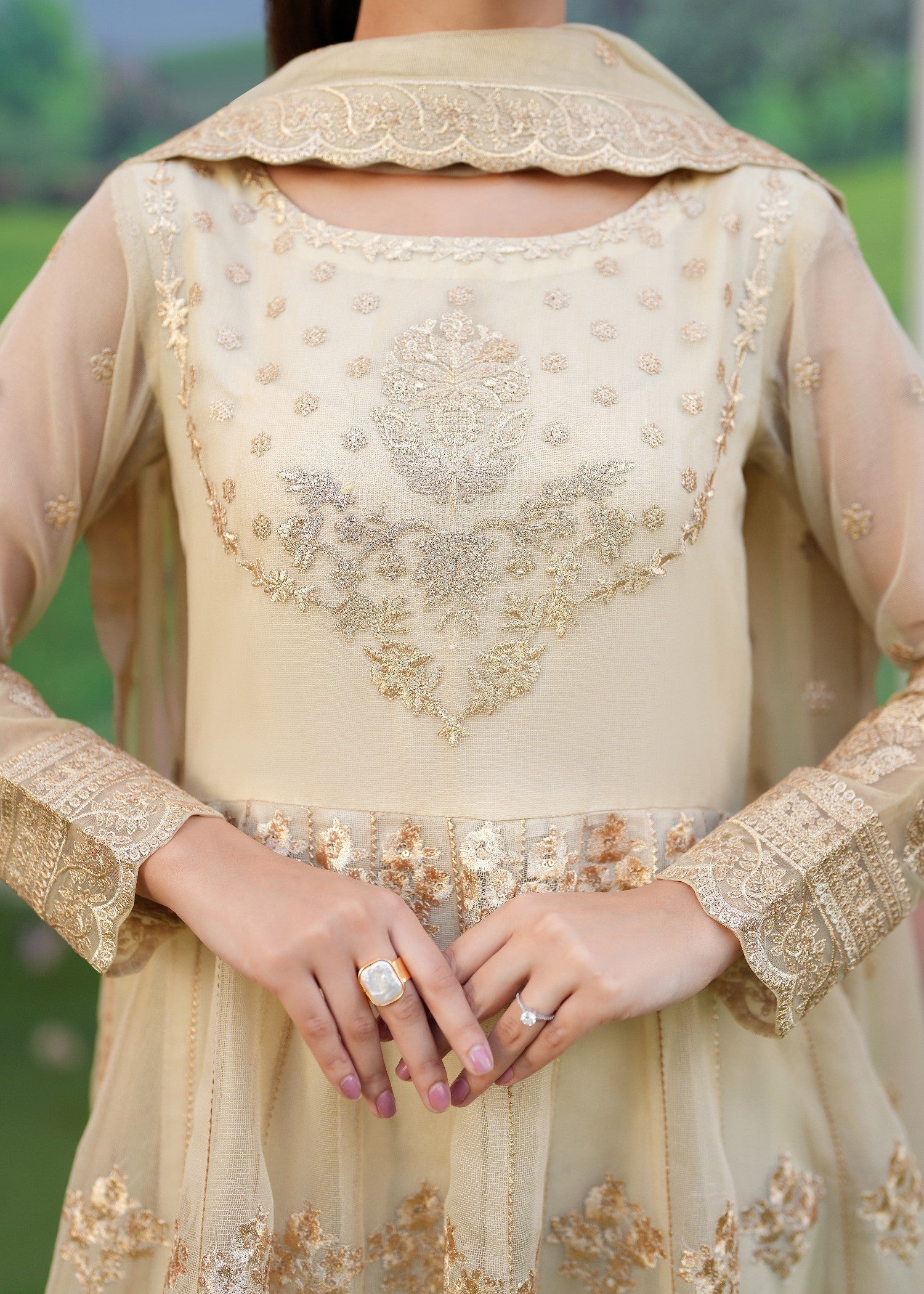 khaddi net Pishwas in Cream